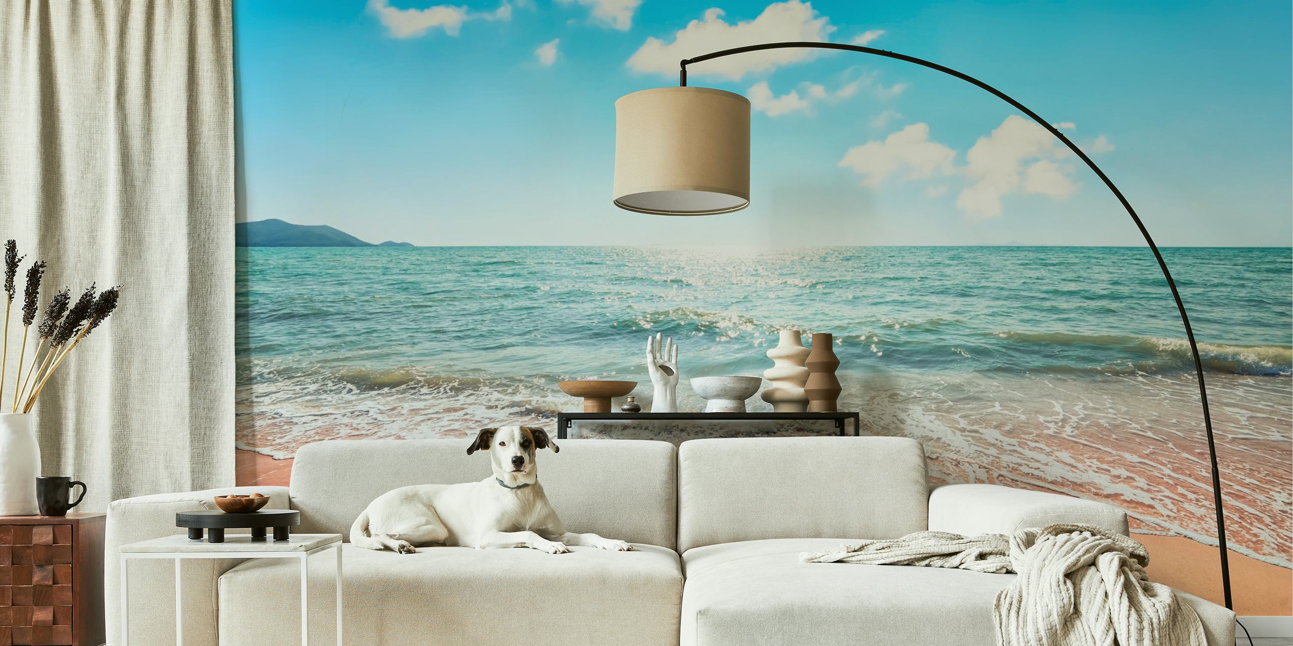 Beach ocean view with sandy shore and blue sky wallpaper