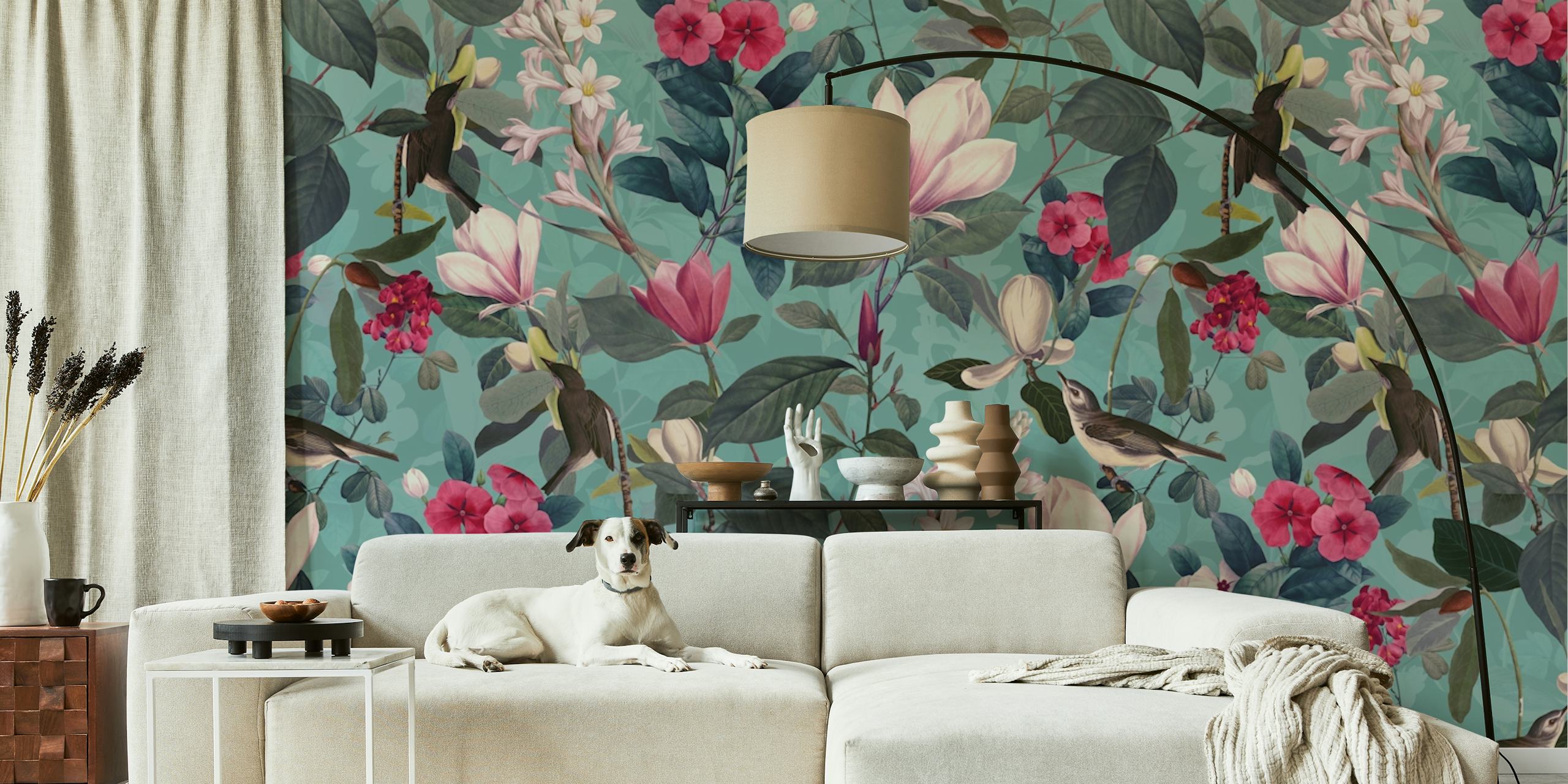 Botanical garden wall mural with birds and flowers on teal background