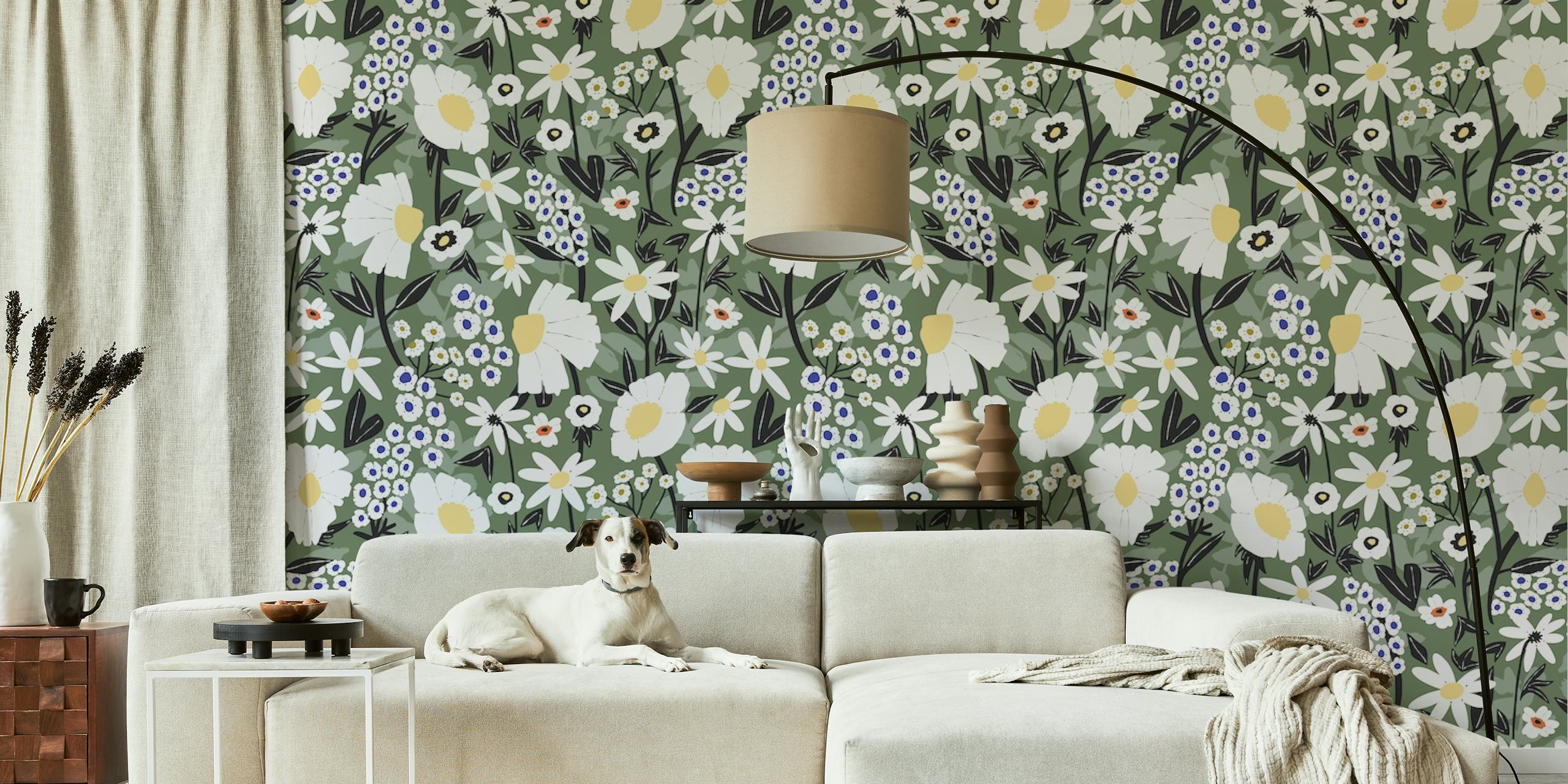 Meadow Forest Blossom wall mural with white flowers and green foliage pattern