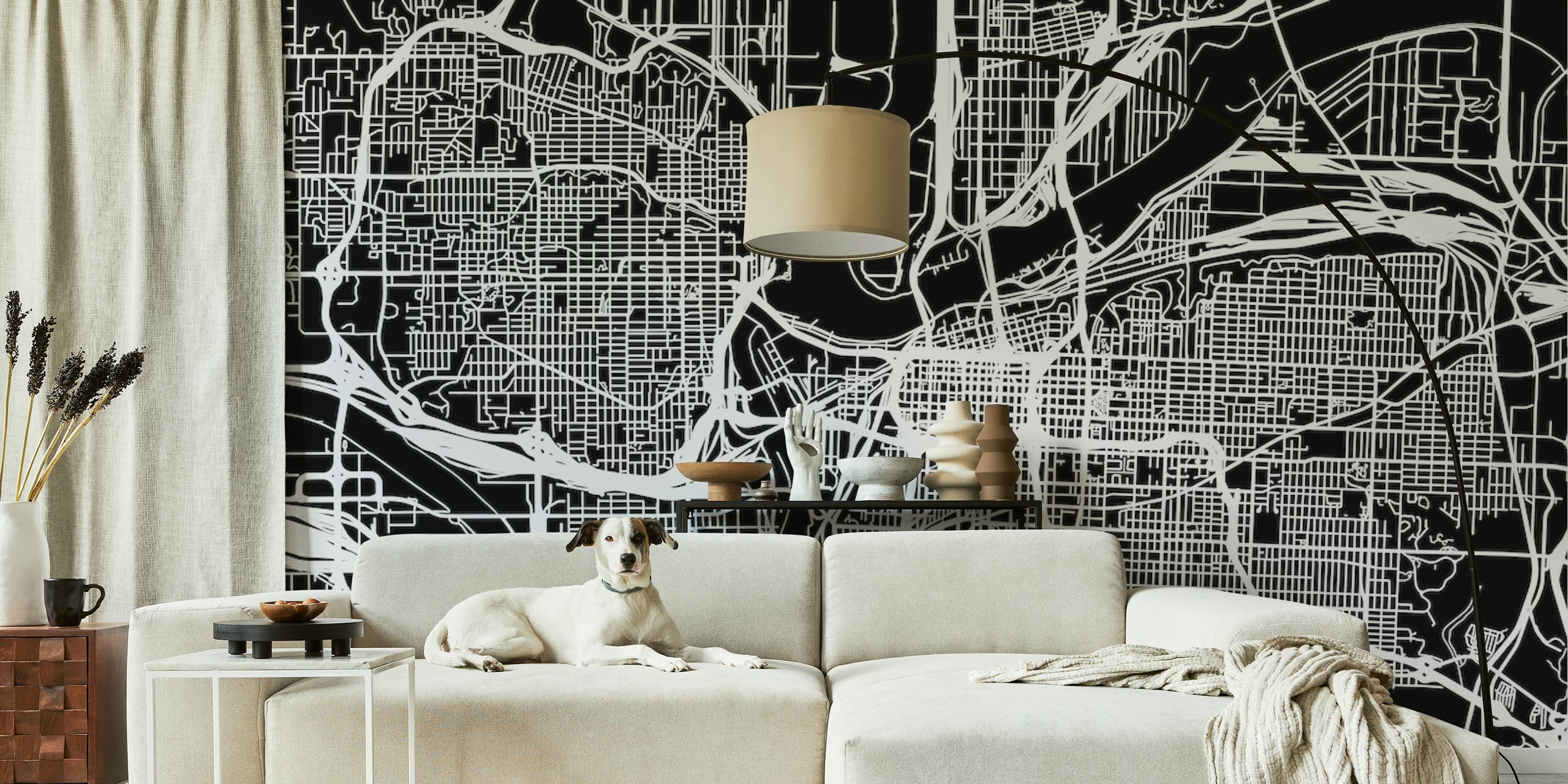 Monochrome Kansas map wall mural showing detailed street layout