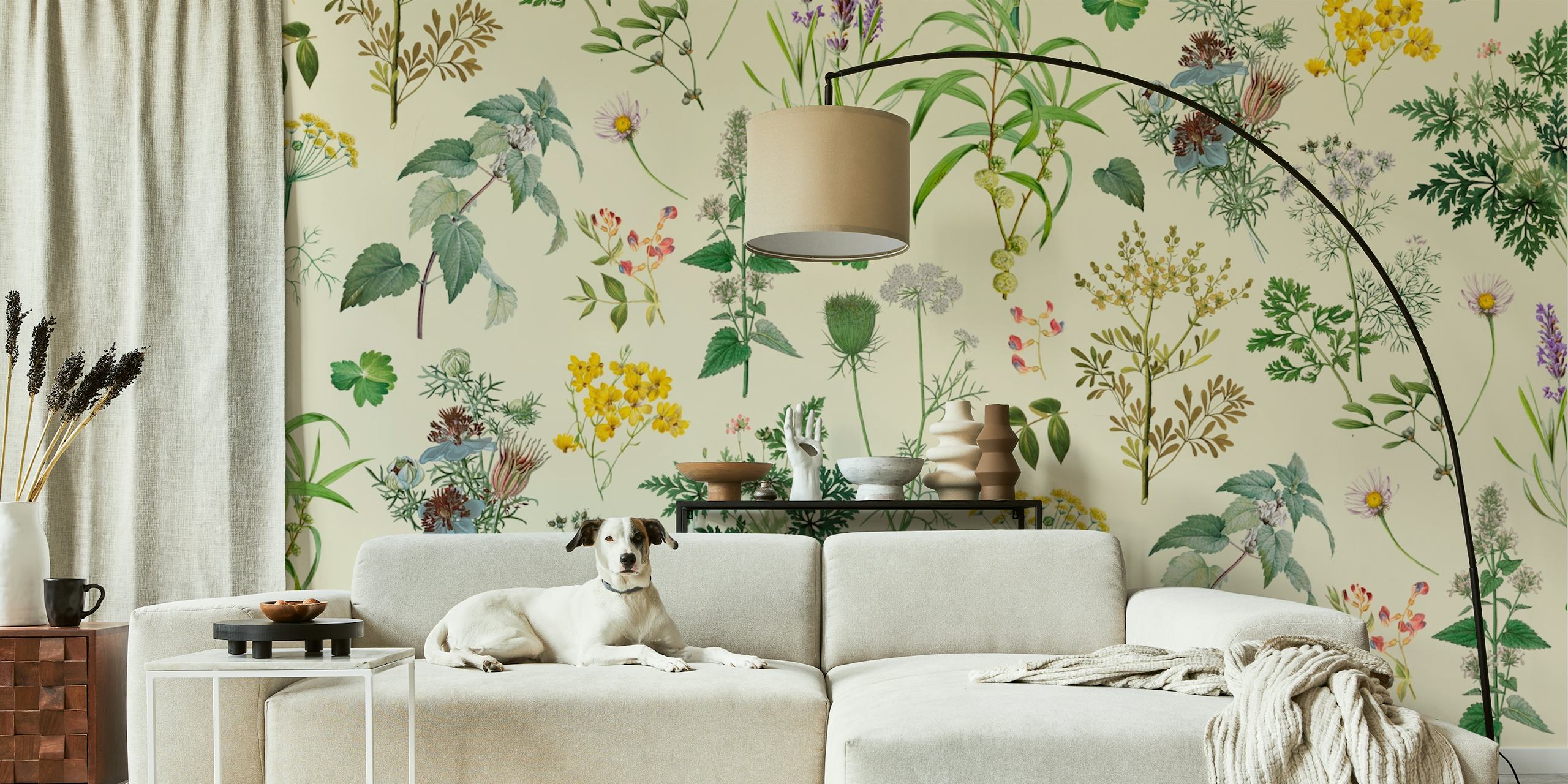 Floral herb garden design in pastel colors. Botanical wallpaper.
