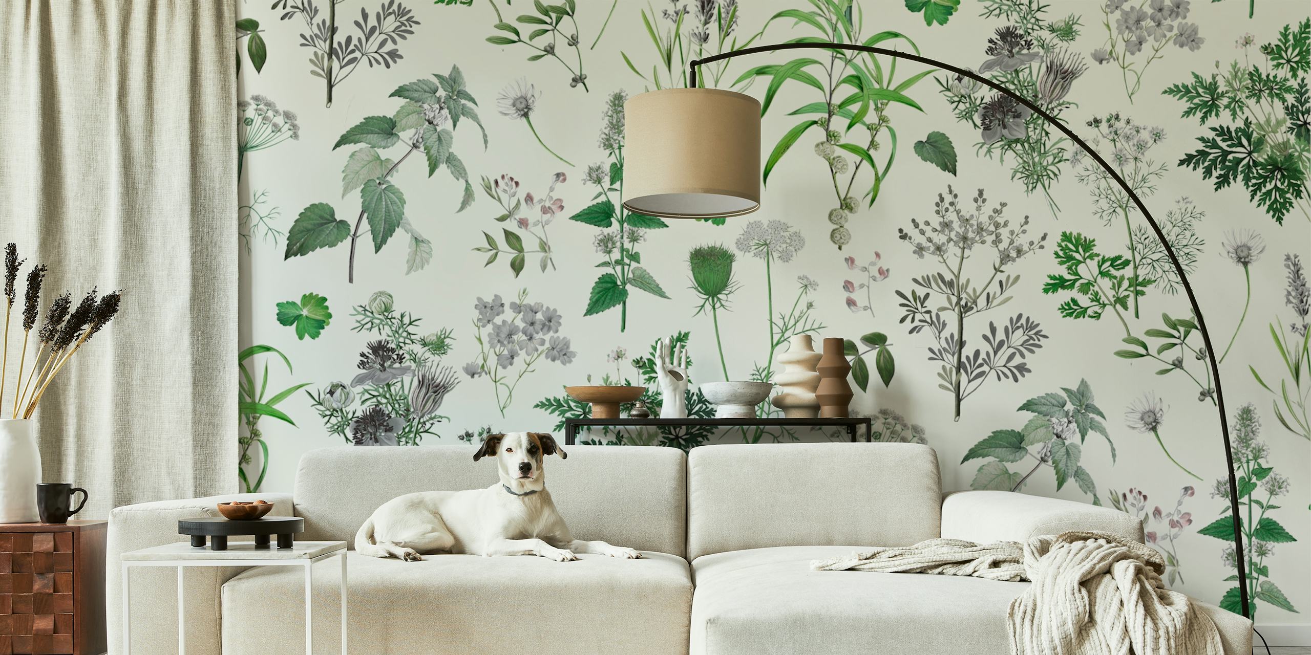 Green herbal wallpaper featuring various wildflowers and herbs on a light background