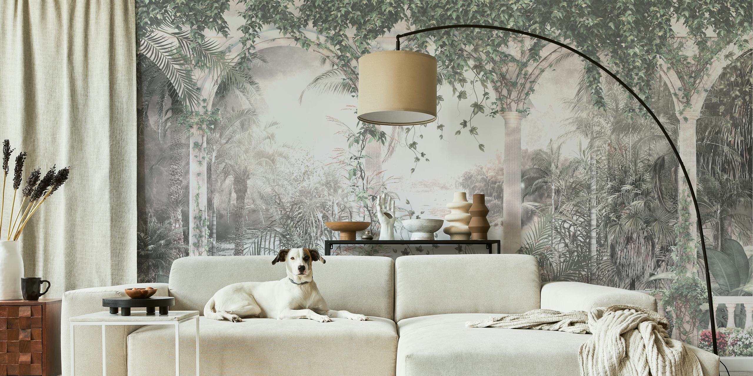 Lush greenery and arches in tropical garden wallpaper