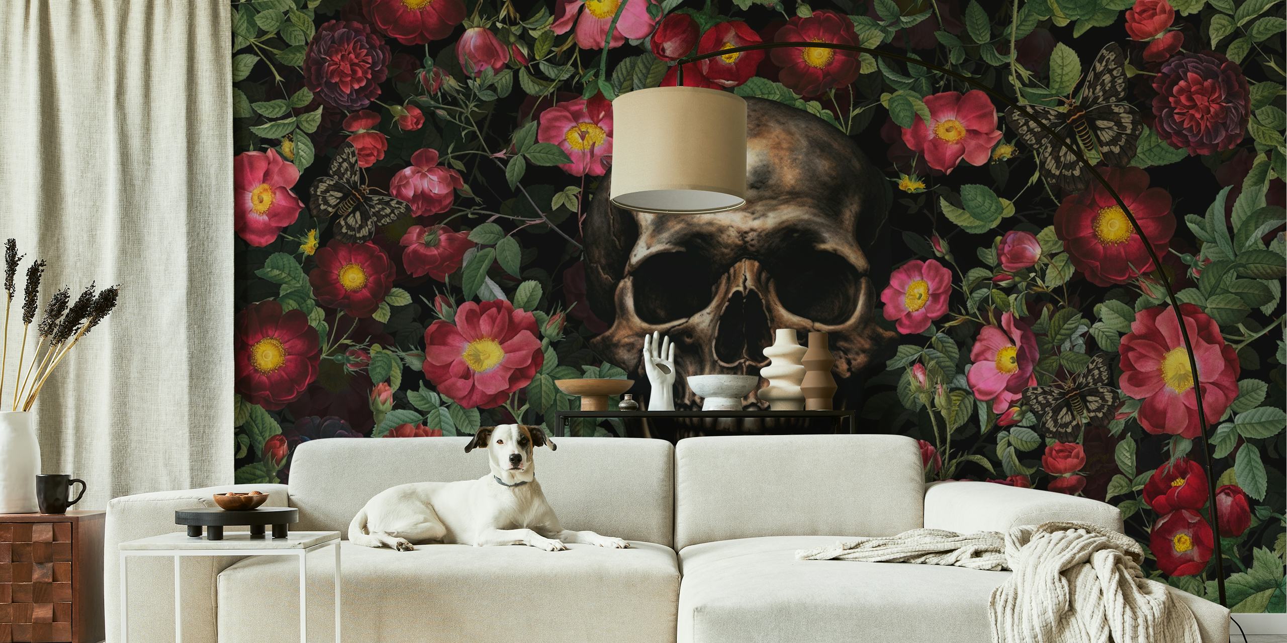 Baroque skull and roses wallpaper design in a room
