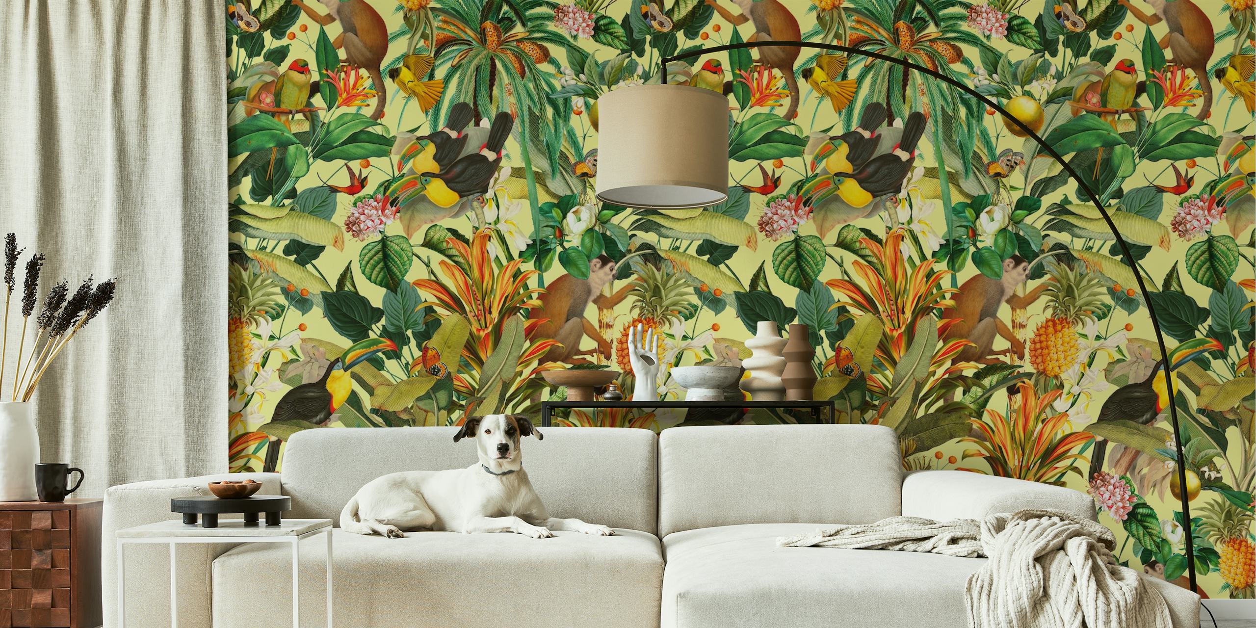 Tropical foliage, monkeys, and toucans in vibrant colors wallpaper