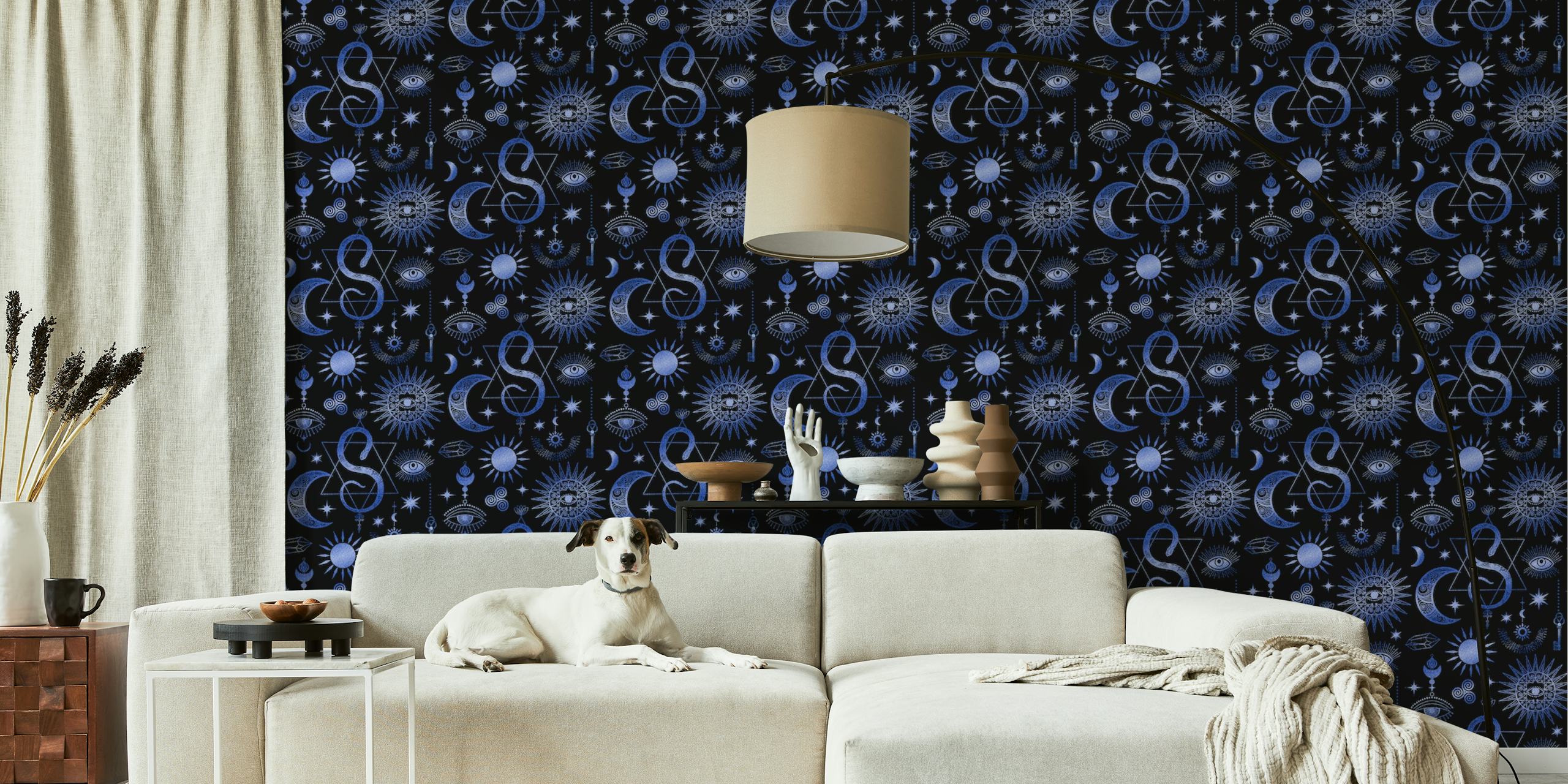 Celestial design featuring moons and stars on a dark blue background wallpaper