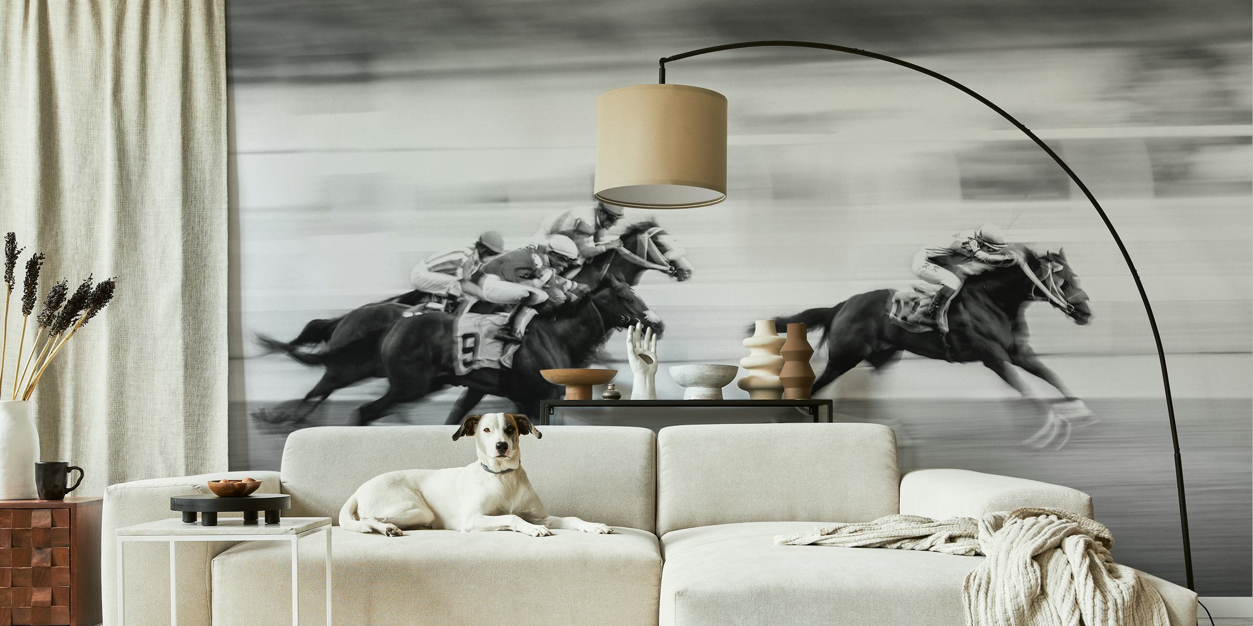 Black and white wallpaper depicting a horse race with blurred motion