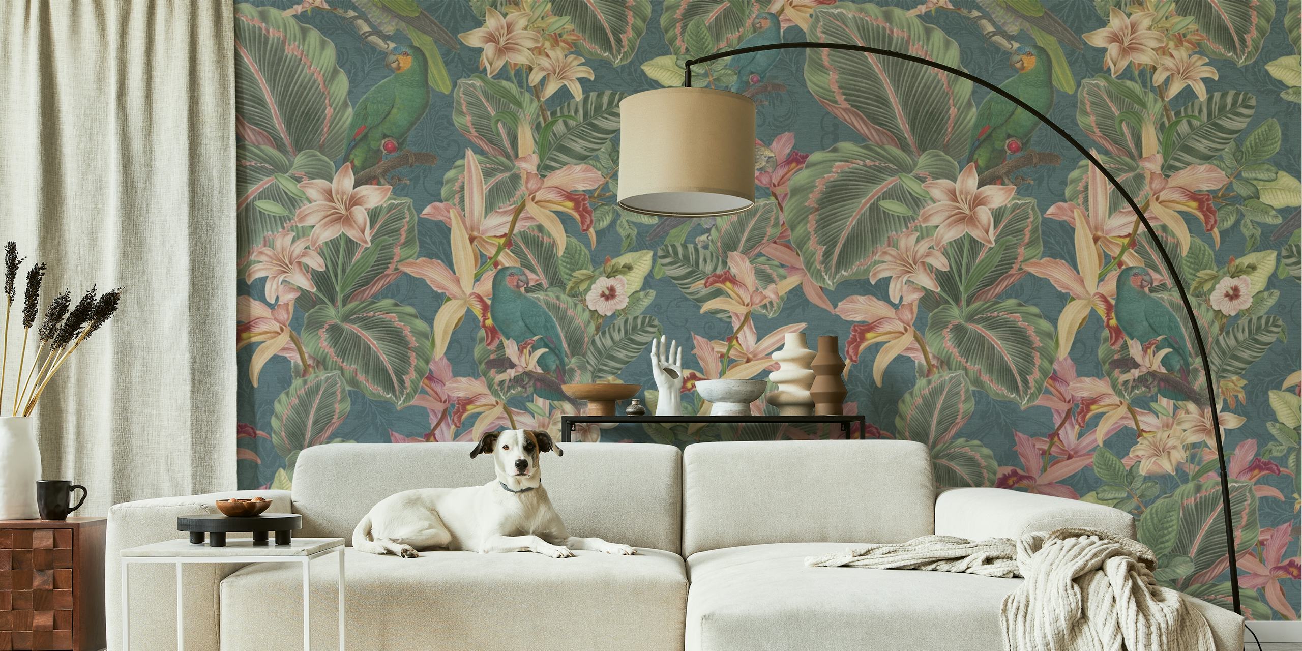 Tropical jungle birds teal wallpaper in a room