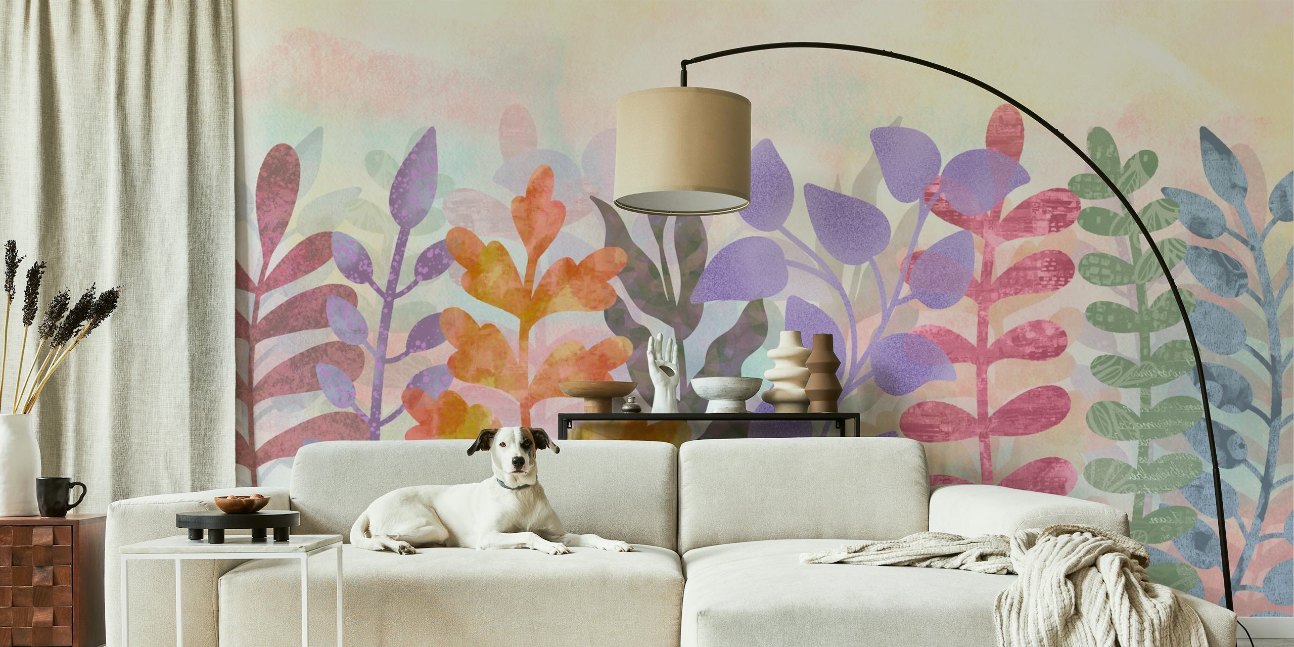 Colorful watercolor leaves in purple, green, orange, and pink wallpaper