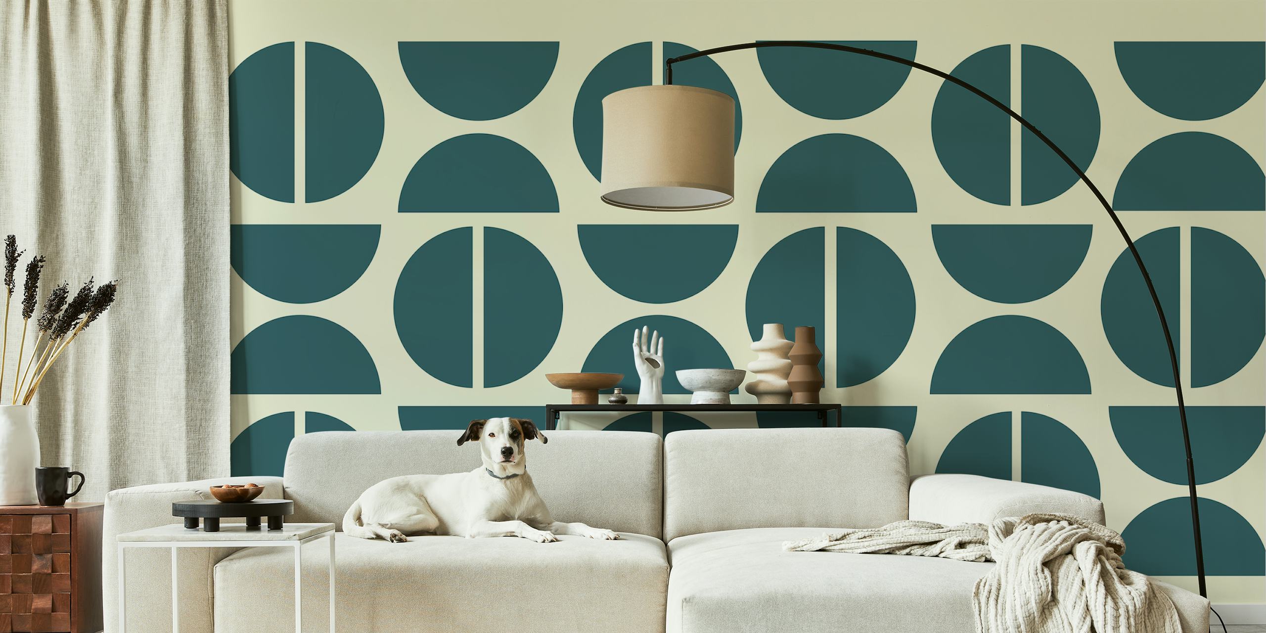 Geometric shapes in green and beige wallpaper design