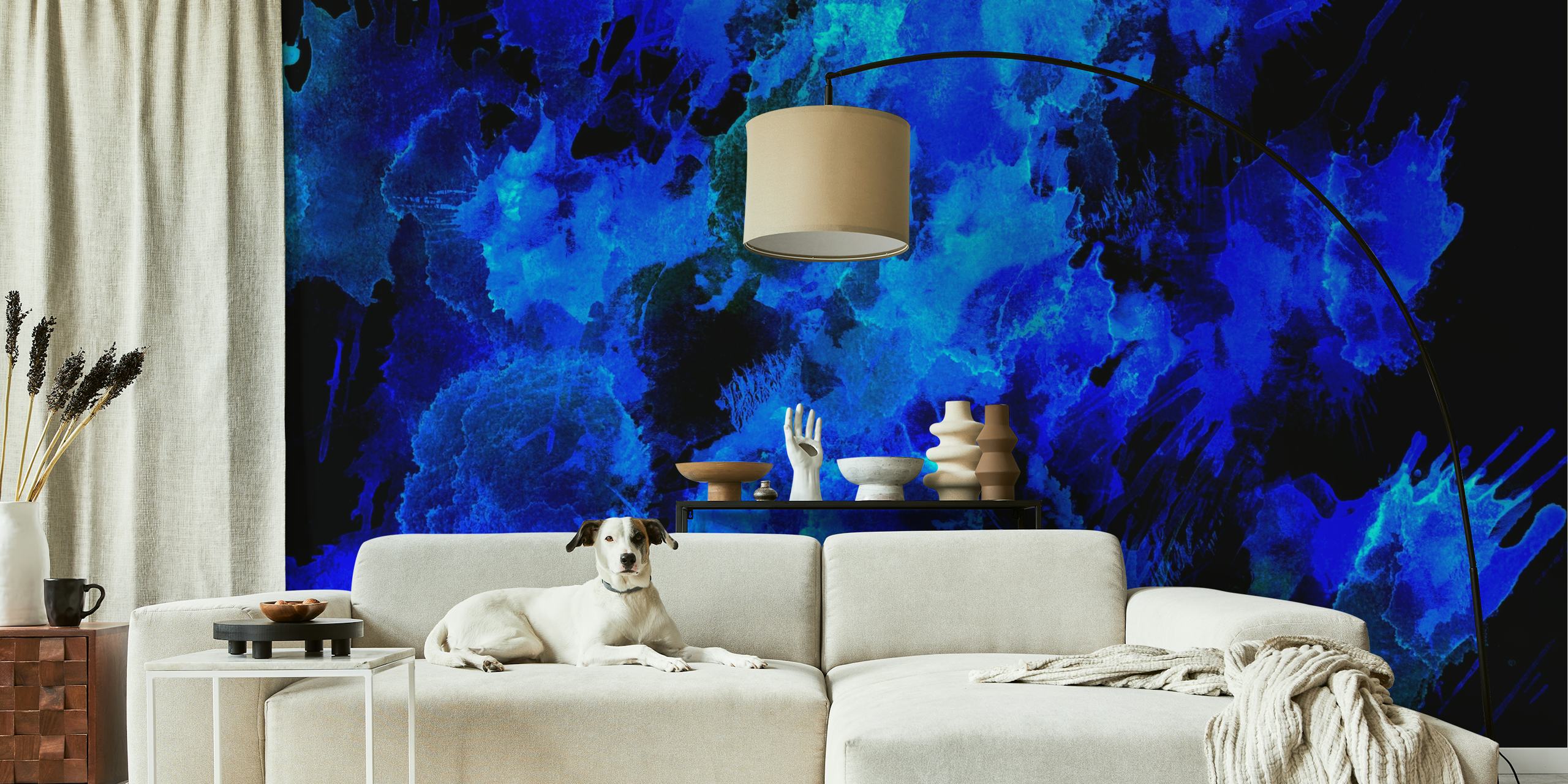 Abstract blue splash patterns on black wallpaper