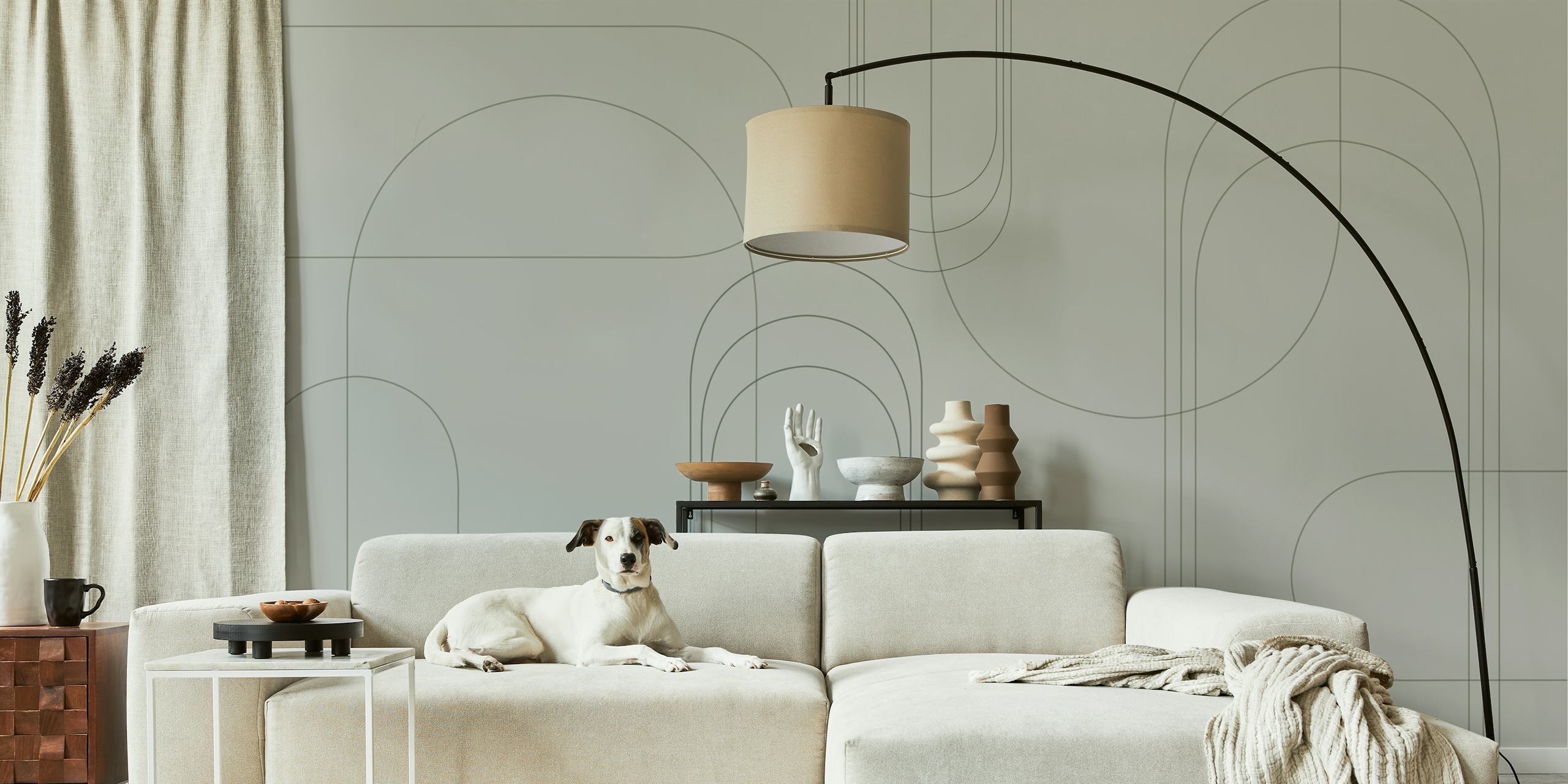 Arches minimalistes vertes sur fond clair, design moderne wallpaper