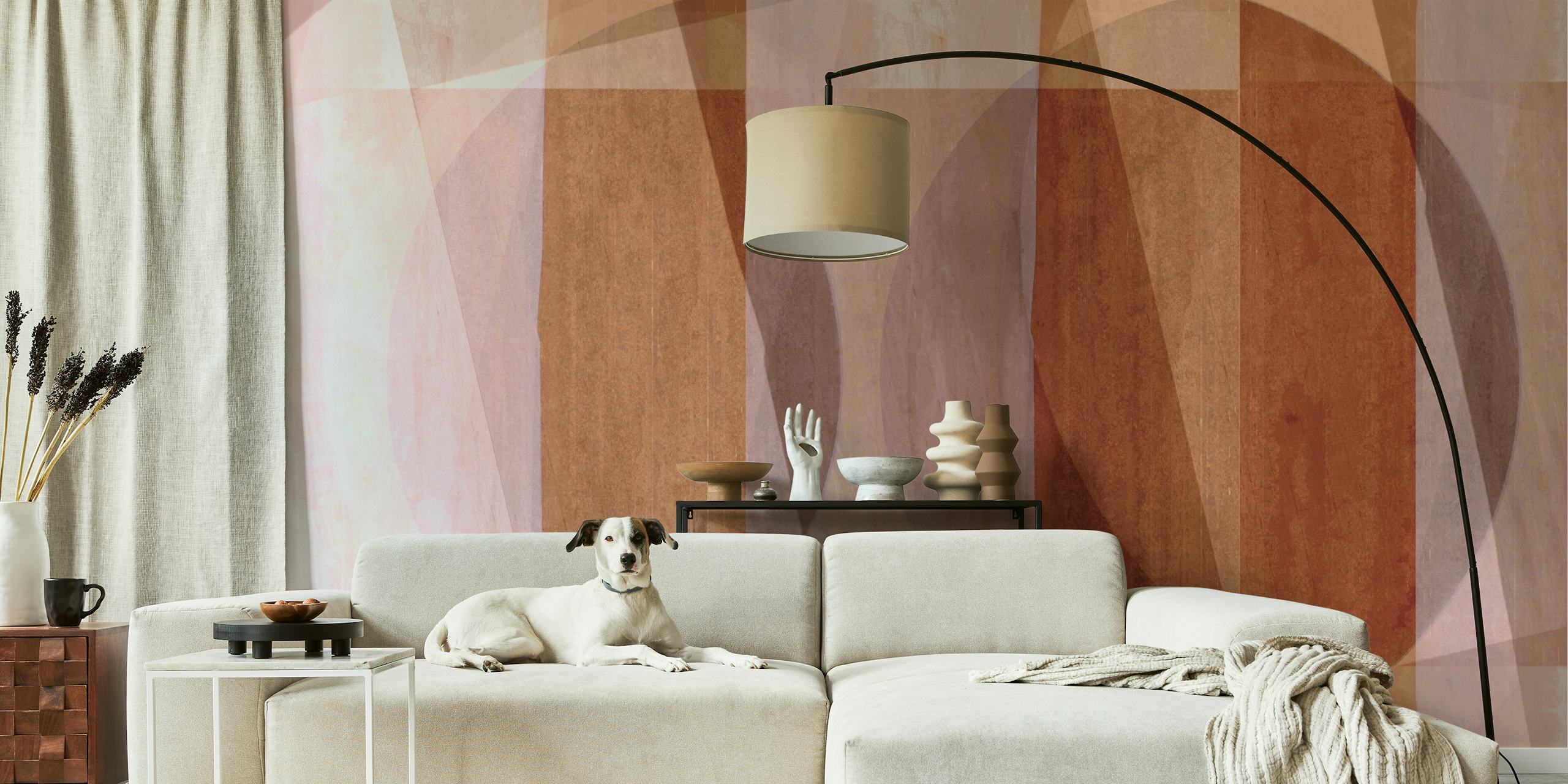 Retro geometric wallpaper in earthy tones featuring overlapping shapes and circles.