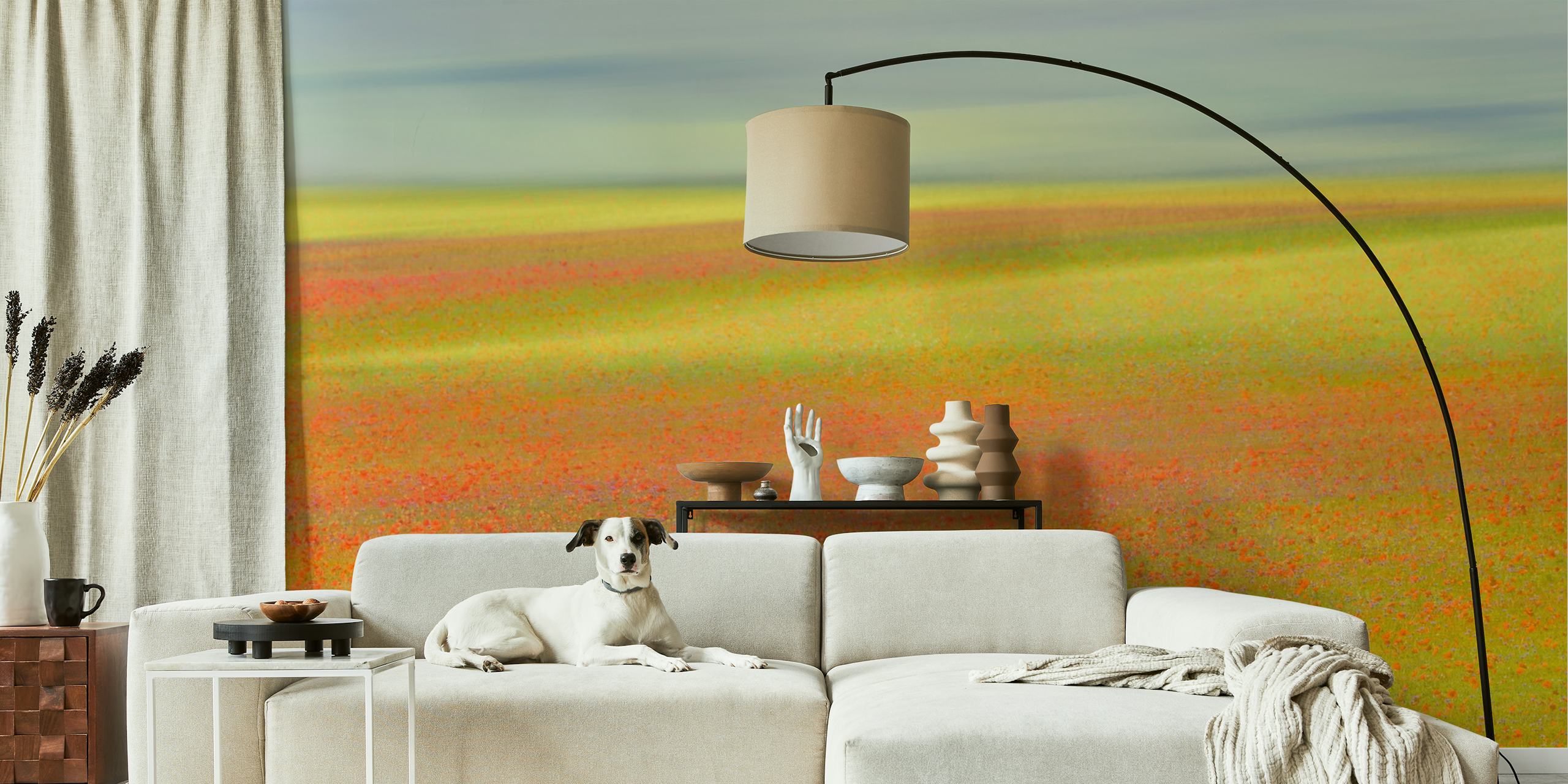 Colorful abstract floral pattern wallpaper in yellow, orange, and green shades.