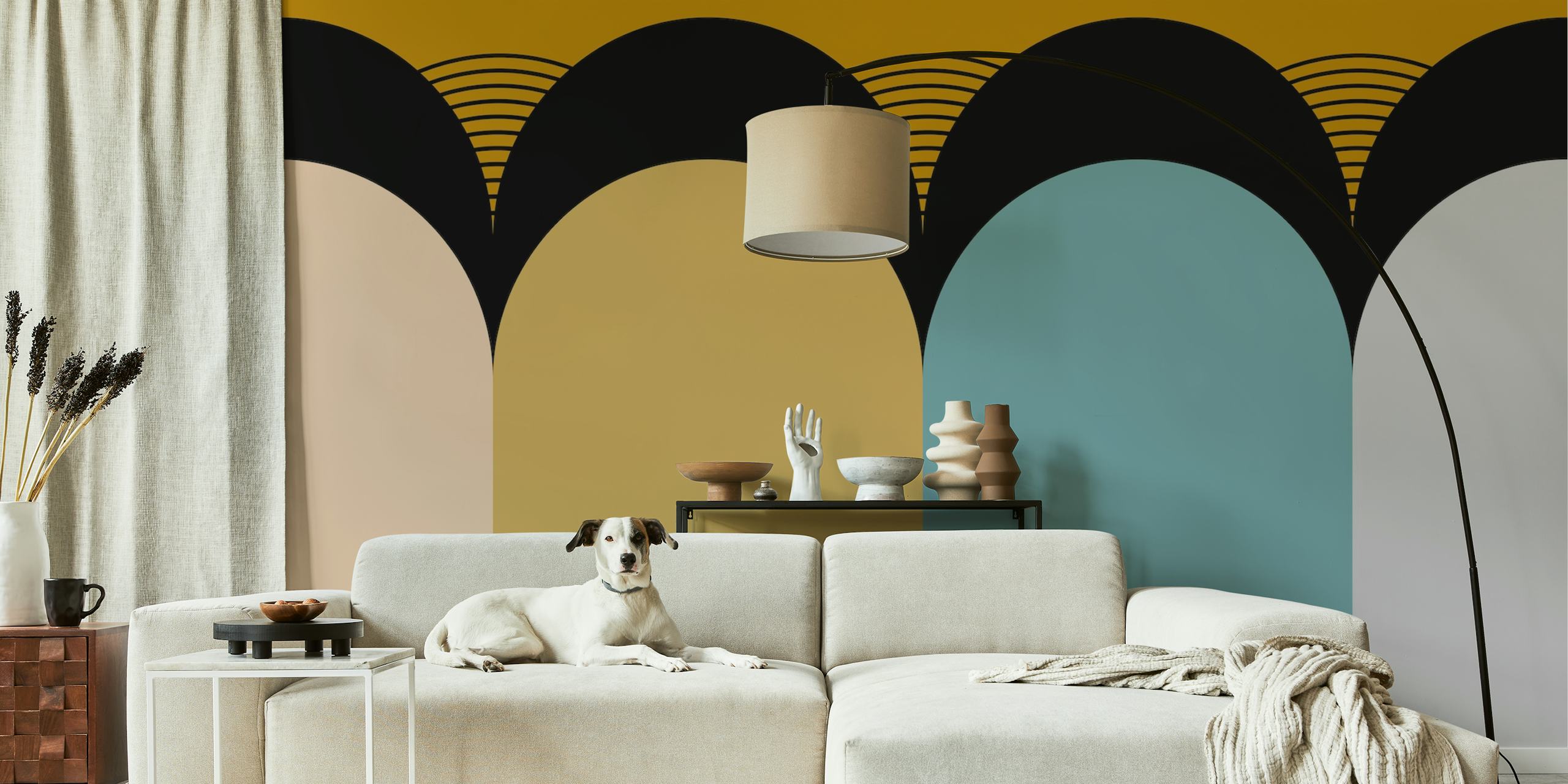 Geometric design with beige, gold, blue, and gray elements on wallpaper