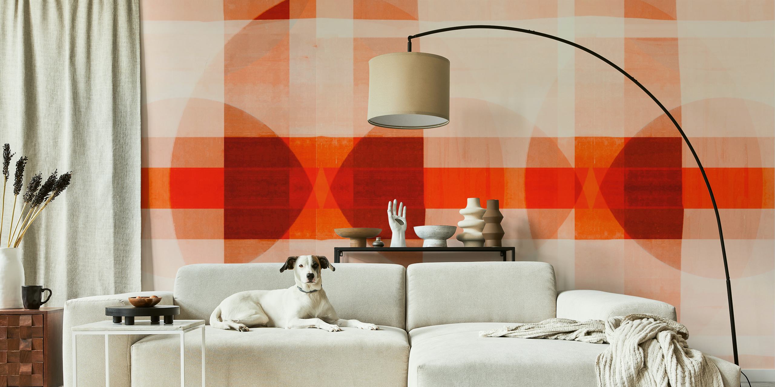 Mural de mosaico inspirado en la Bauhaus con motivos geométricos en colores cálidos