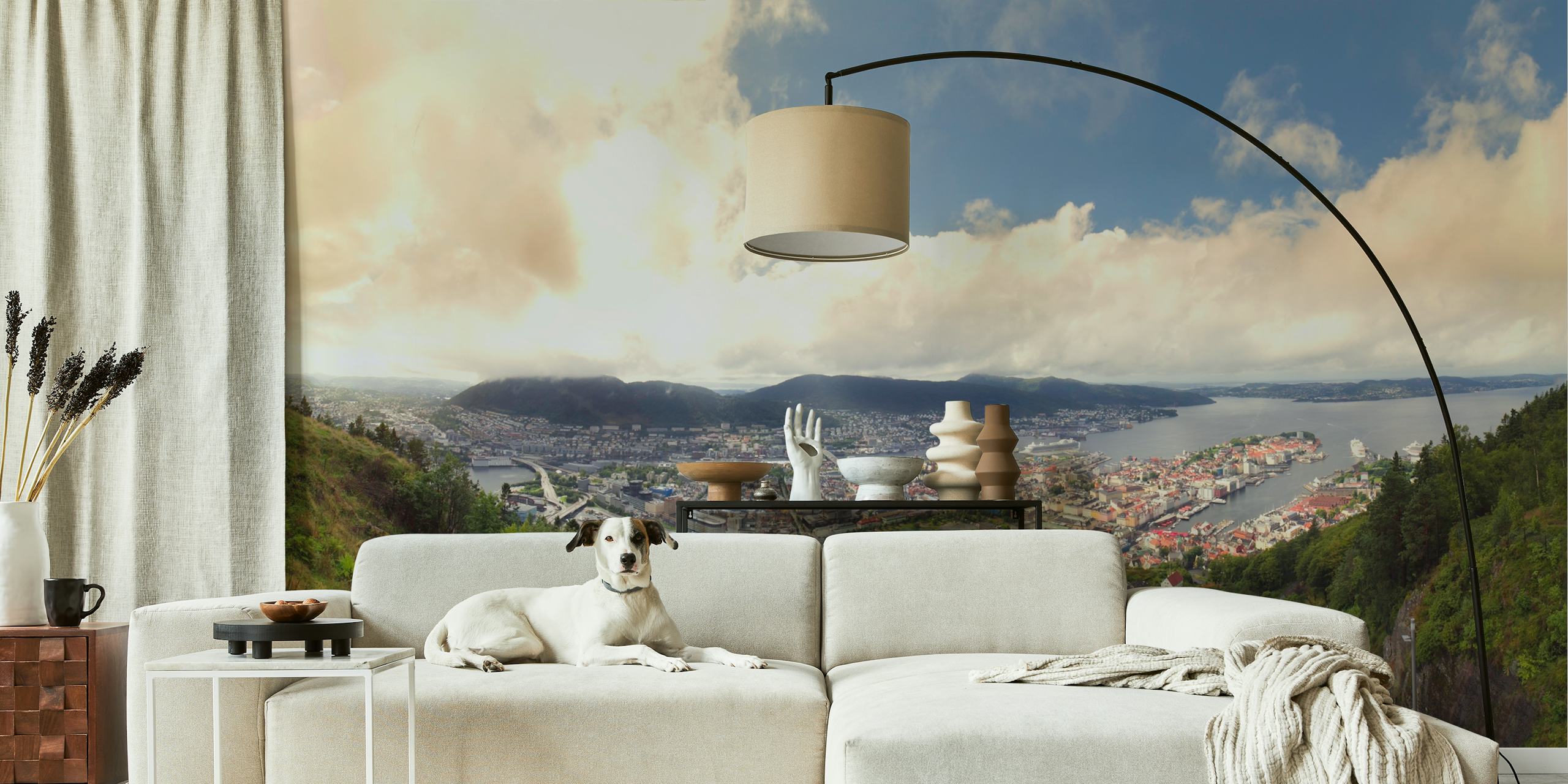 Panoramic view wall mural of Bergen city surrounded by mountains and greenery
