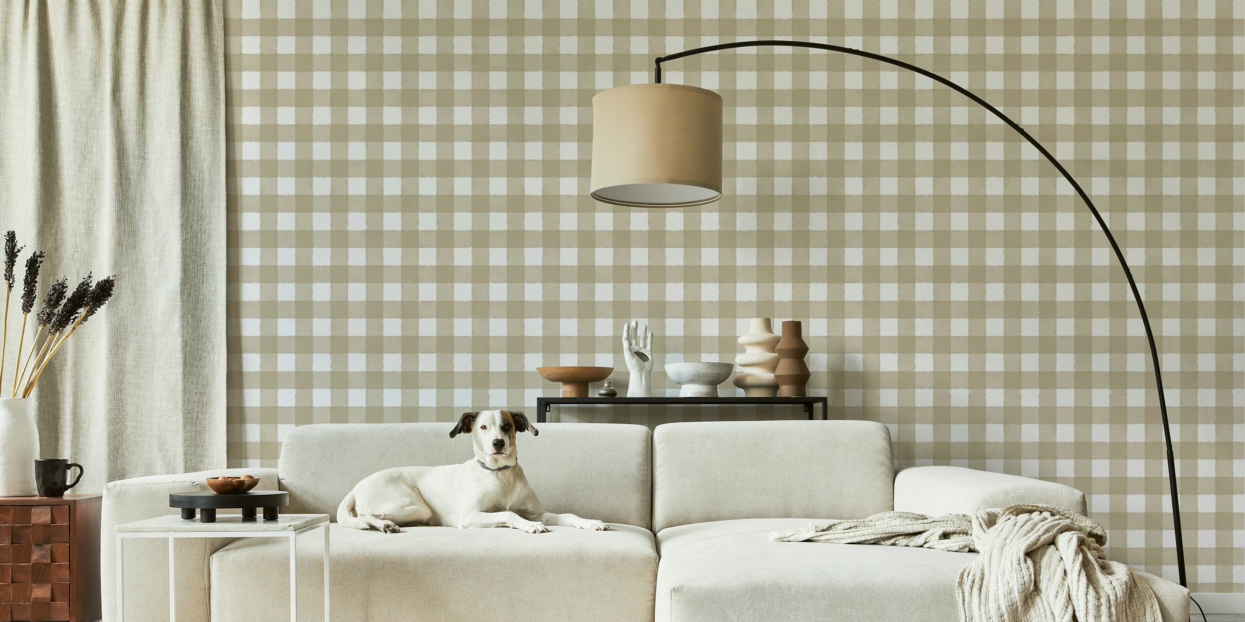 Beige and white checkered pattern wallpaper
