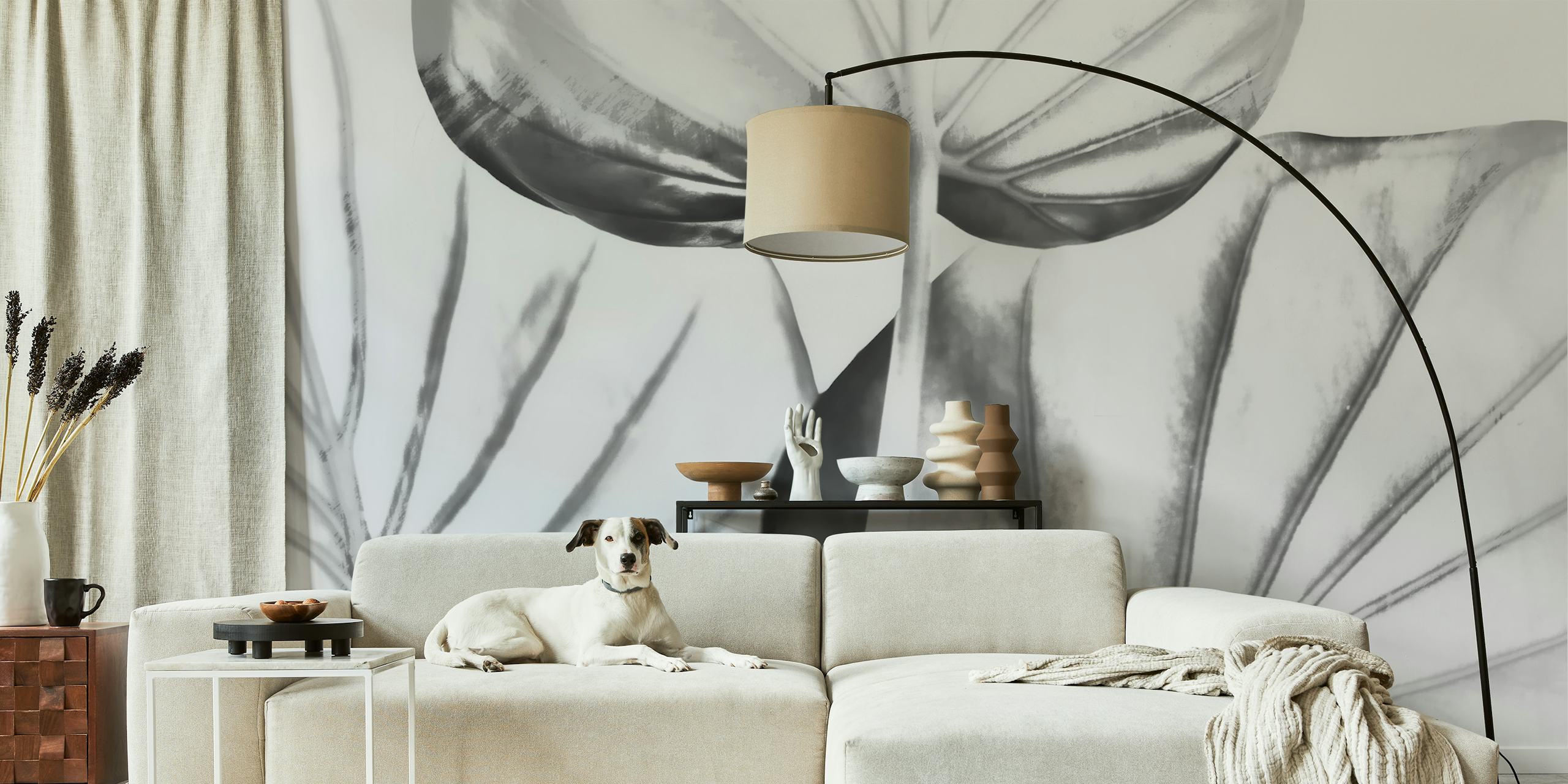 Japandi leaf drawing wallpaper in a room