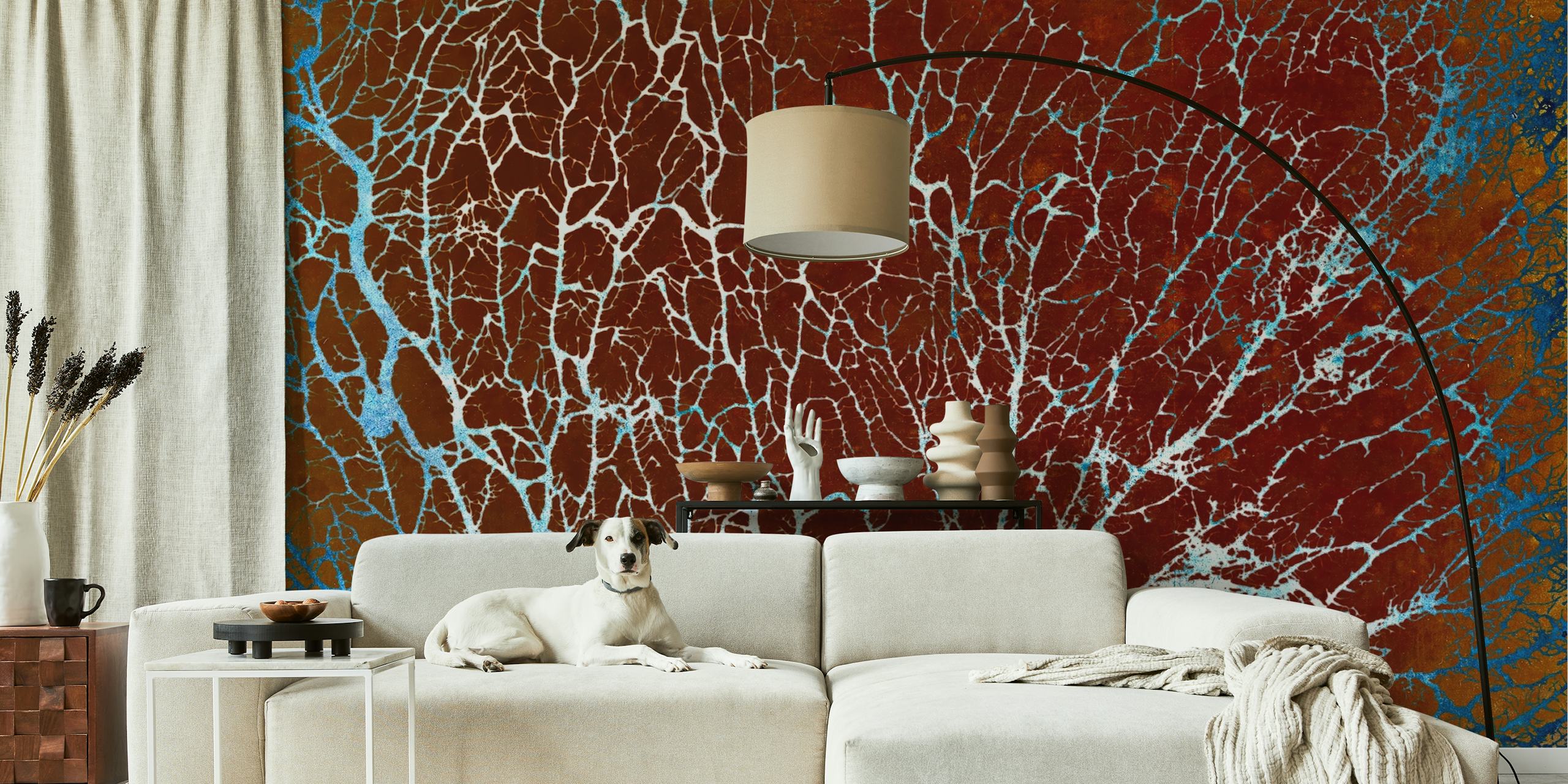 Abstract branches on a rust background with blue accents wallpaper