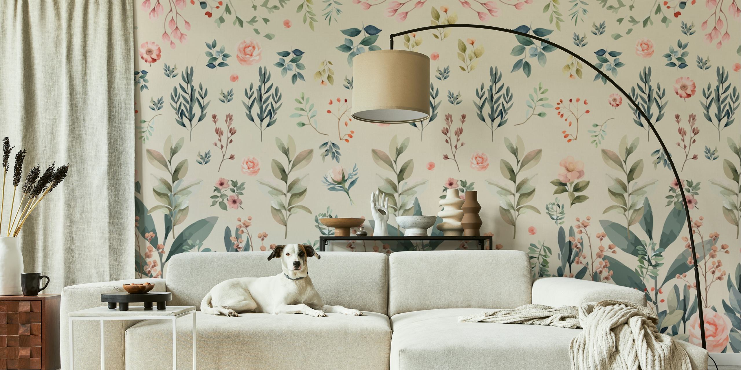 Nudekleurige bloemenmuurschildering met zacht getinte bloemen voor interieur