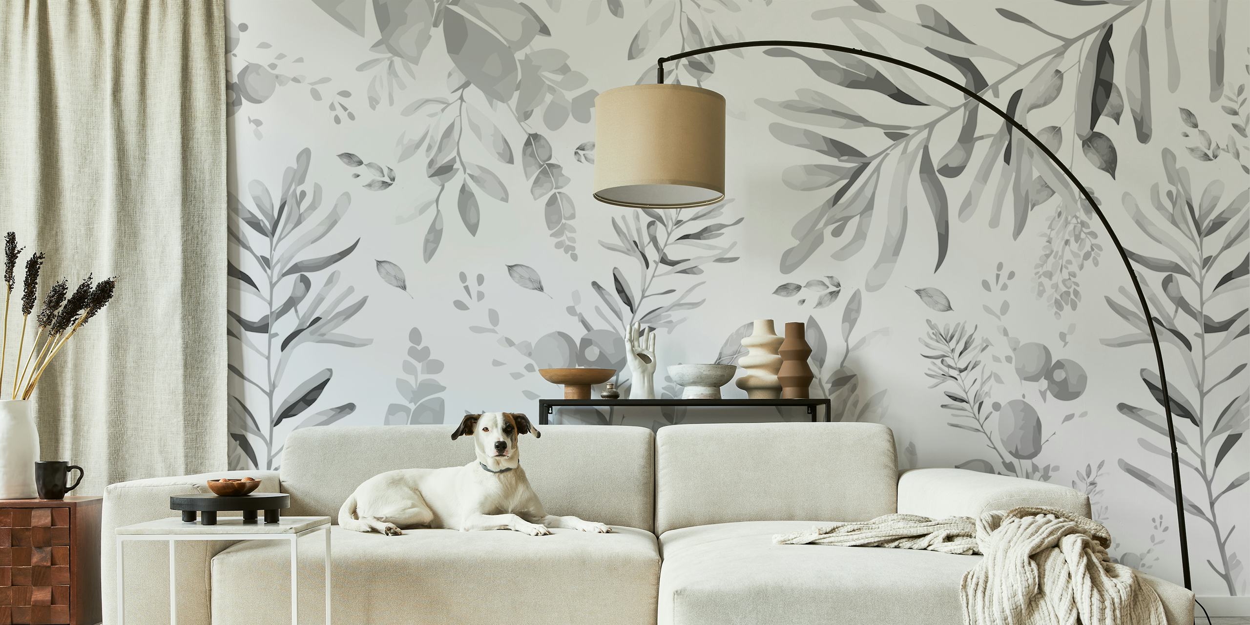 Black and white botanic leafs wall mural displaying a variety of foliage illustrations