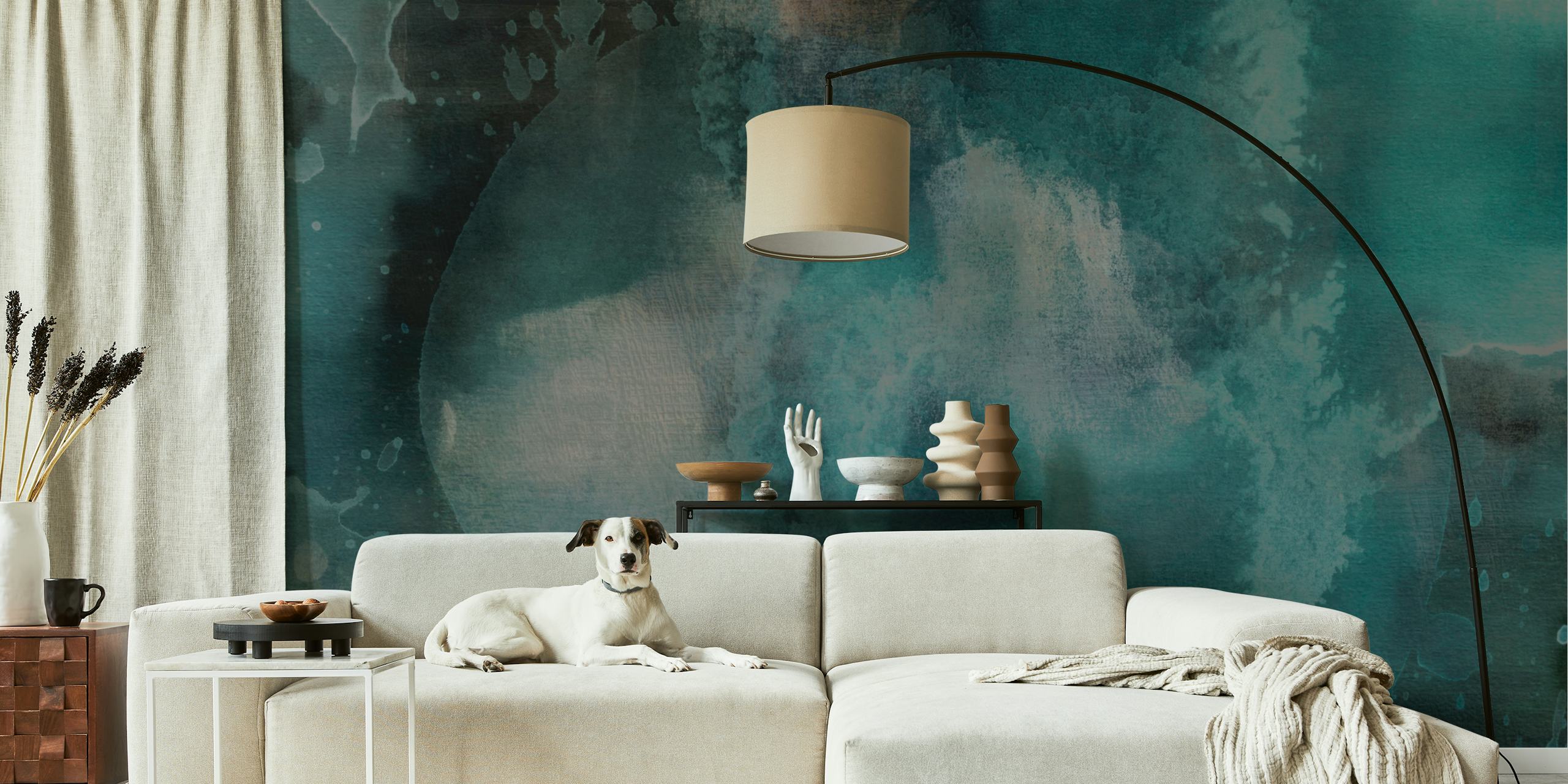 Abstract teal and grey wall mural creating a tranquil waterscape impression