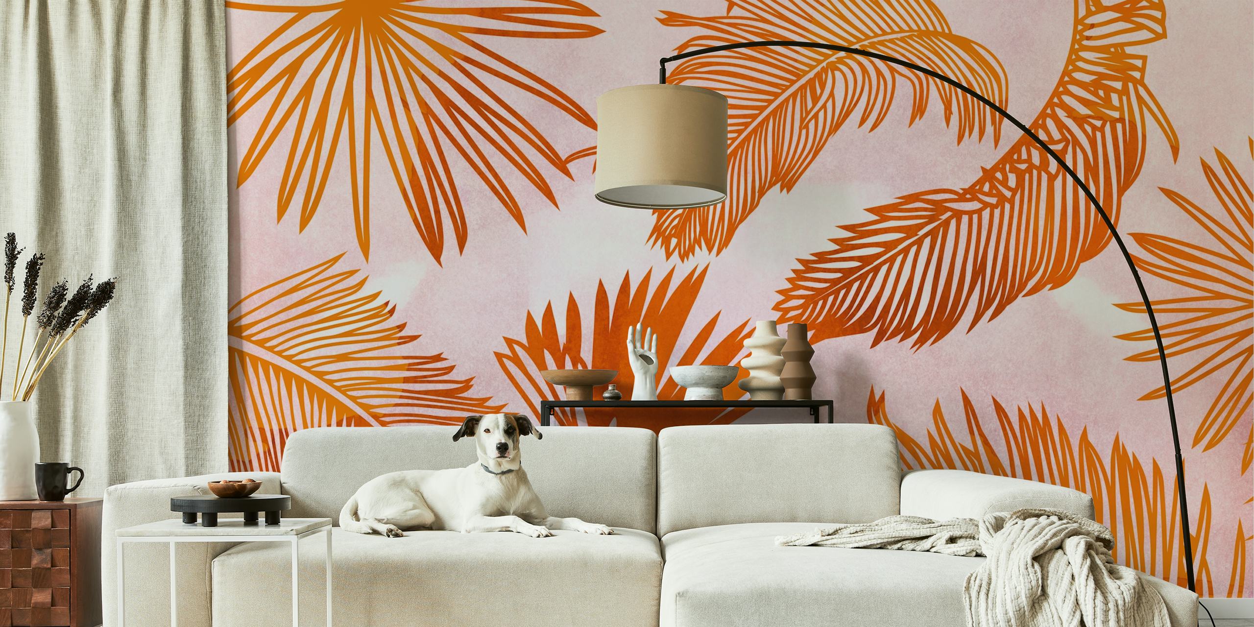 Tropical palm leaves in warm orange colors on pastel background wallpaper