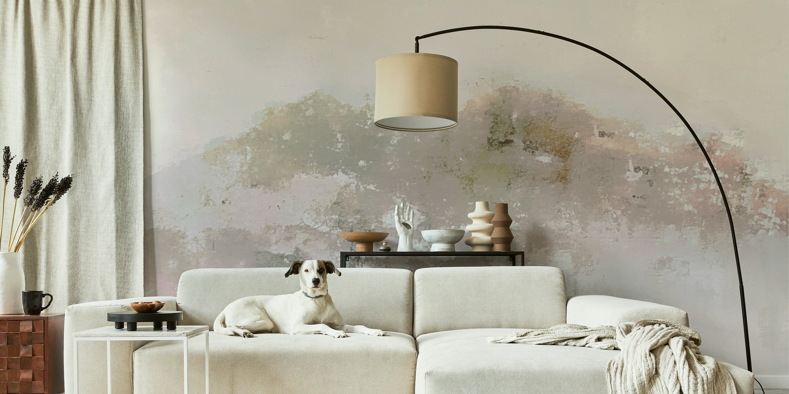 Neutral wallpaper design in a room setting