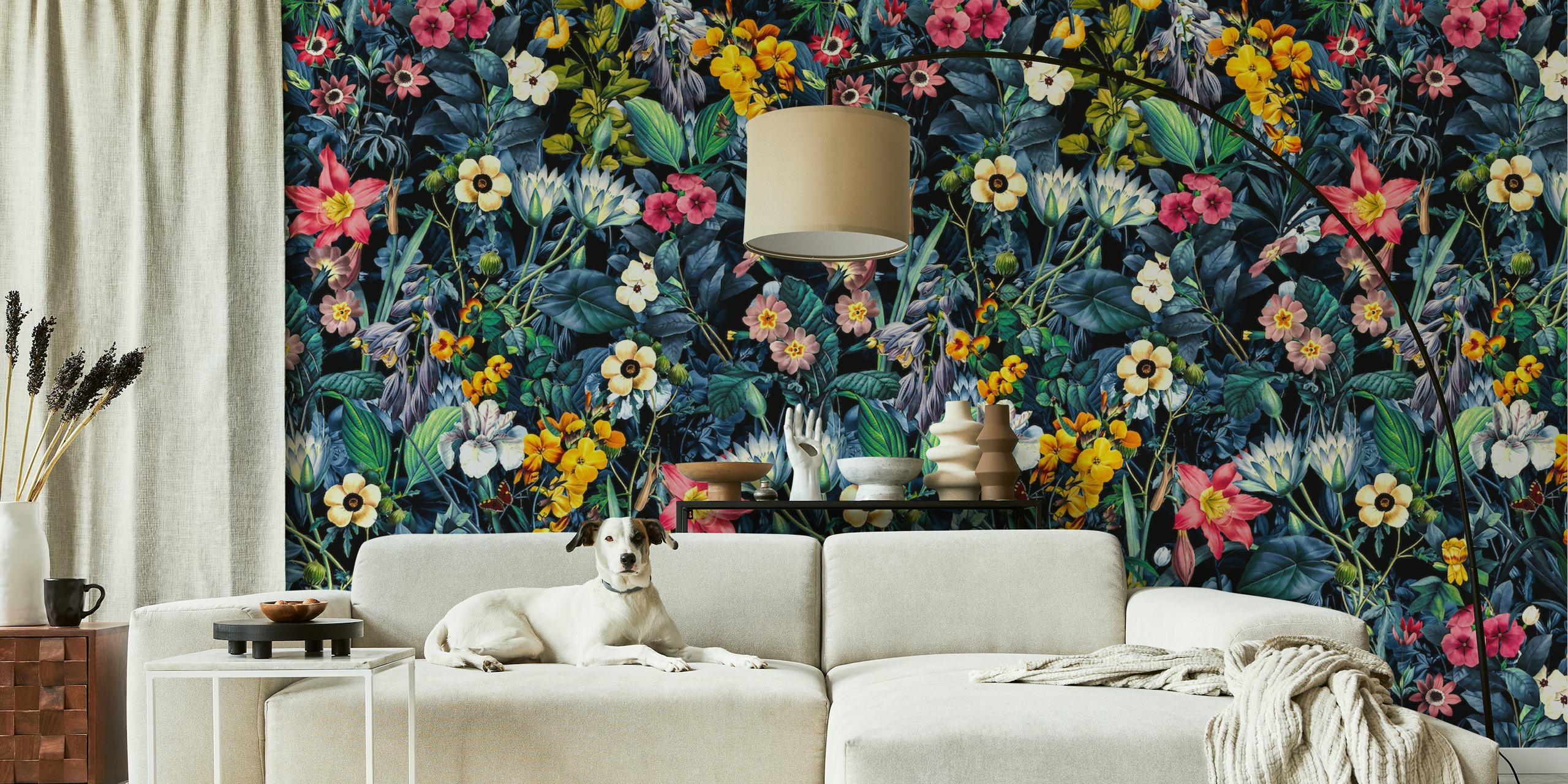 Colorful floral pattern with pink, yellow, and white flowers on dark foliage wallpaper