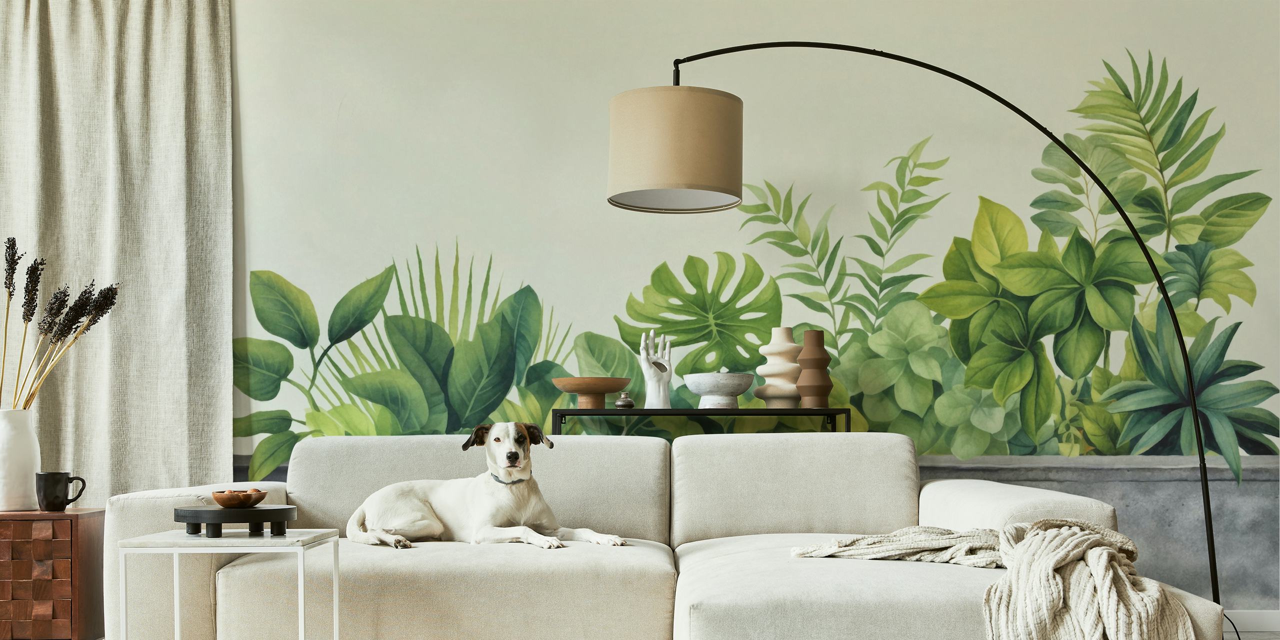 Urban Gardening Tropical Green Watercolor wall mural with lush foliage over grey background