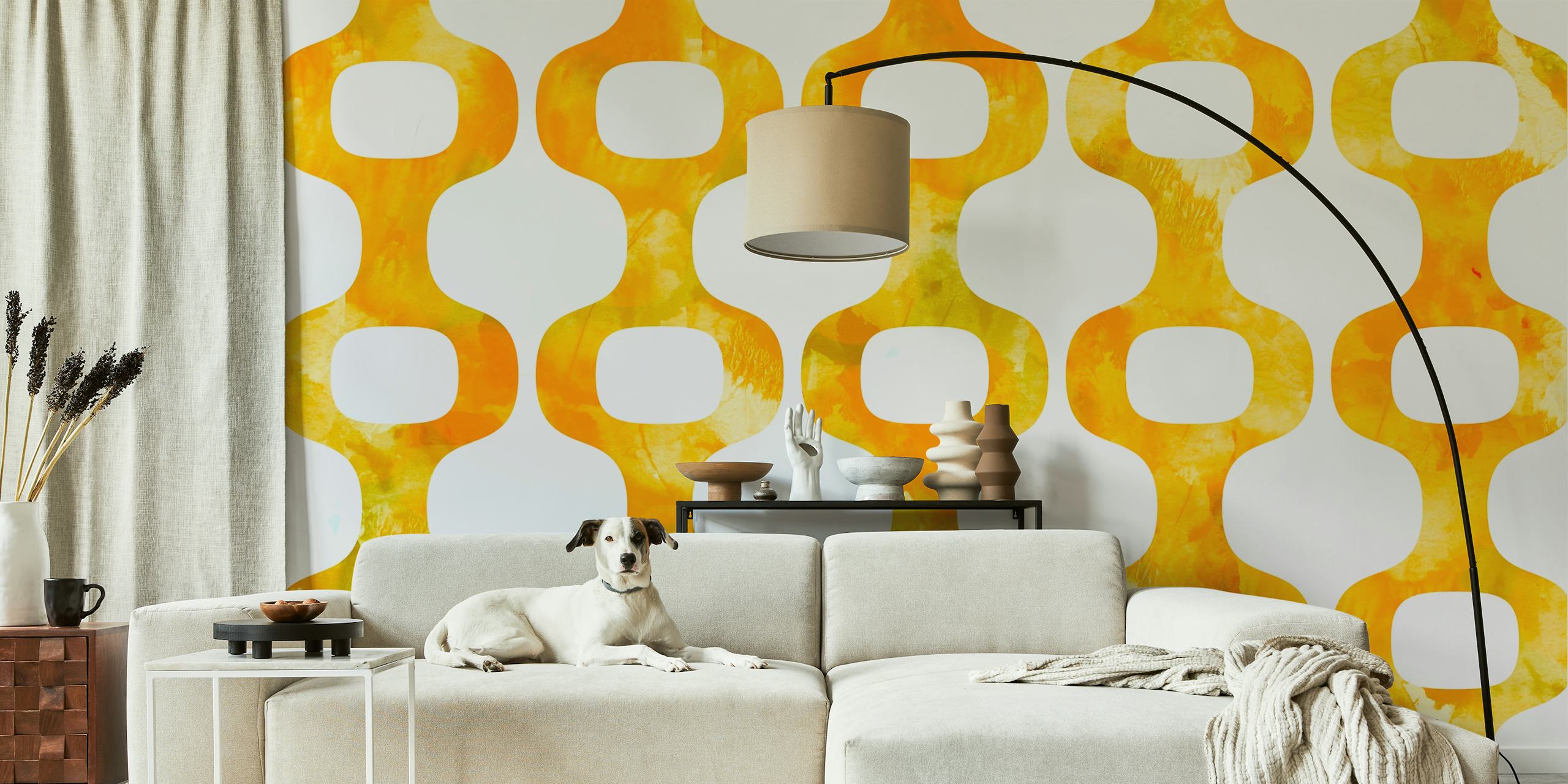 Gyldent Mid-Century mønstret vægmaleri med retro design
