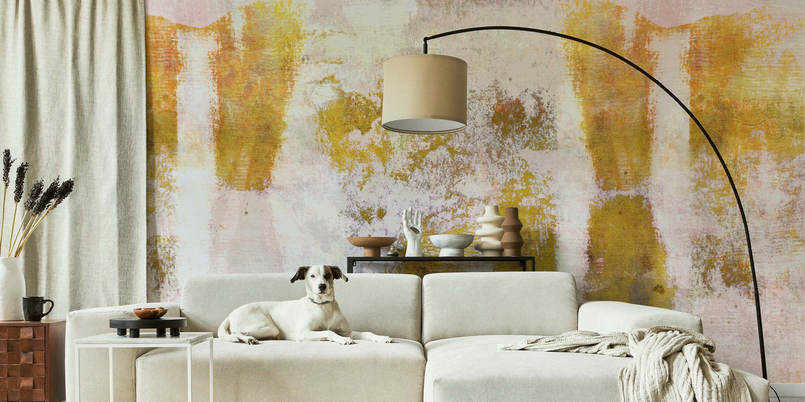 Abstract urban-inspired wall mural with gold and cream tones