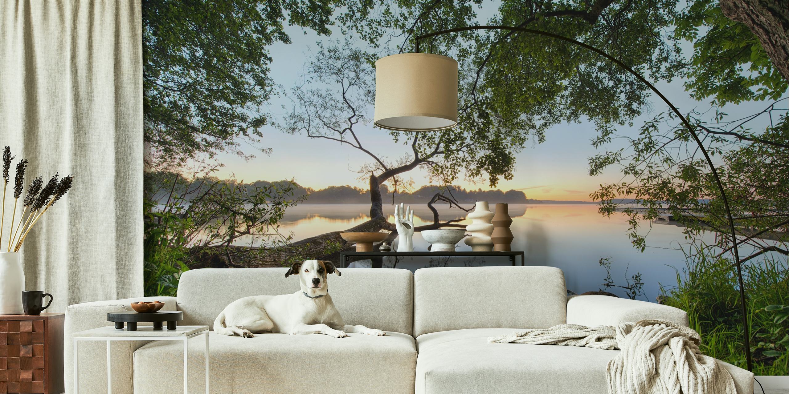Lake view with trees and rocks reflecting on water wallpaper