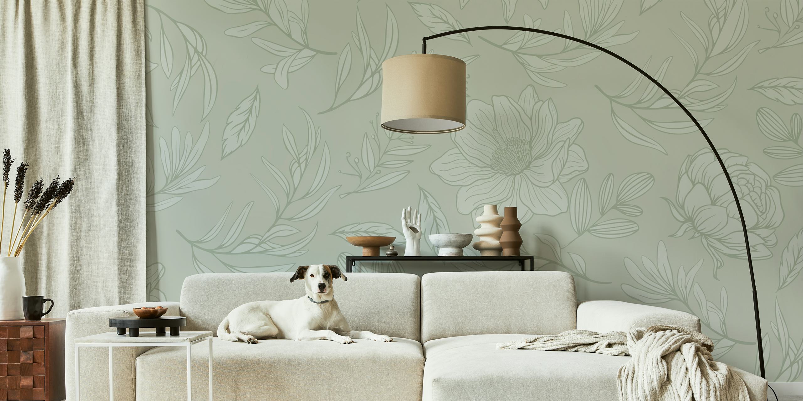 Floral patterns in light green with detailed line art wallpaper