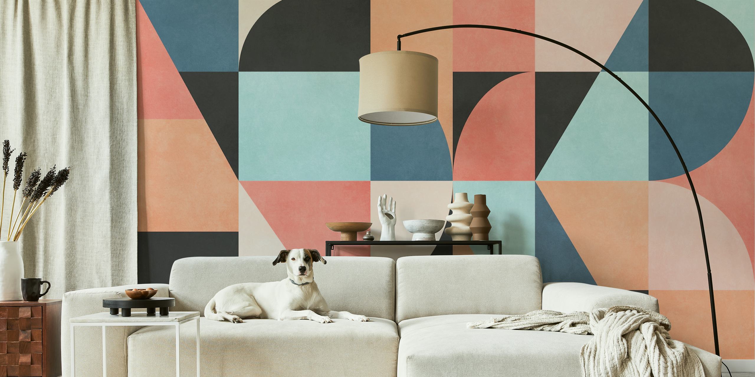 Pastel colored geometric shapes in pink, blue, and black wallpaper