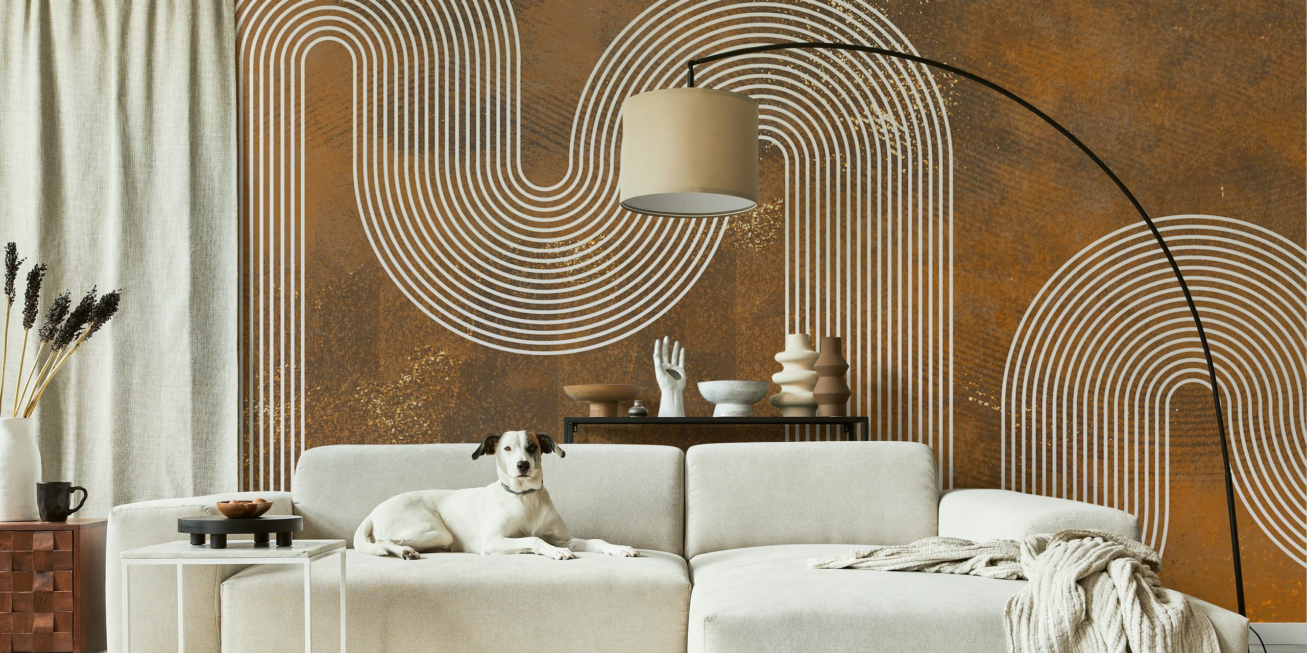 Zemitá fototapeta Japandi Rainbow s minimalistickými zakřivenými liniemi na organickém zemitě tónovaném pozadí