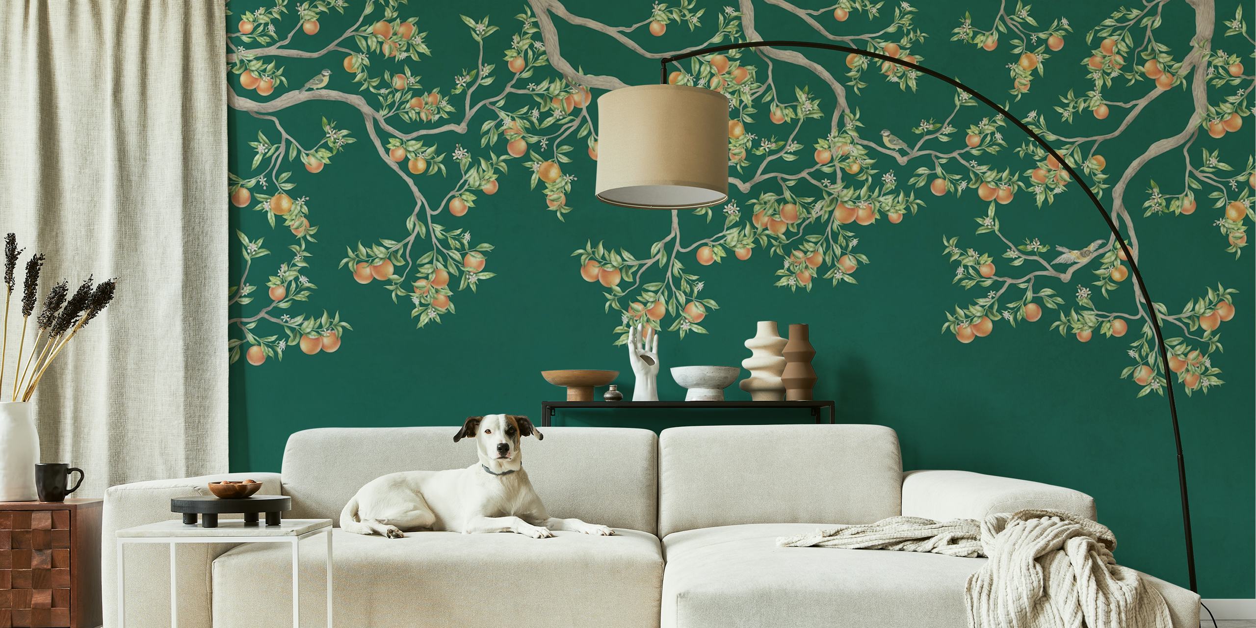 Dark emerald background with sprawling tangerine blossom pattern wall mural.
