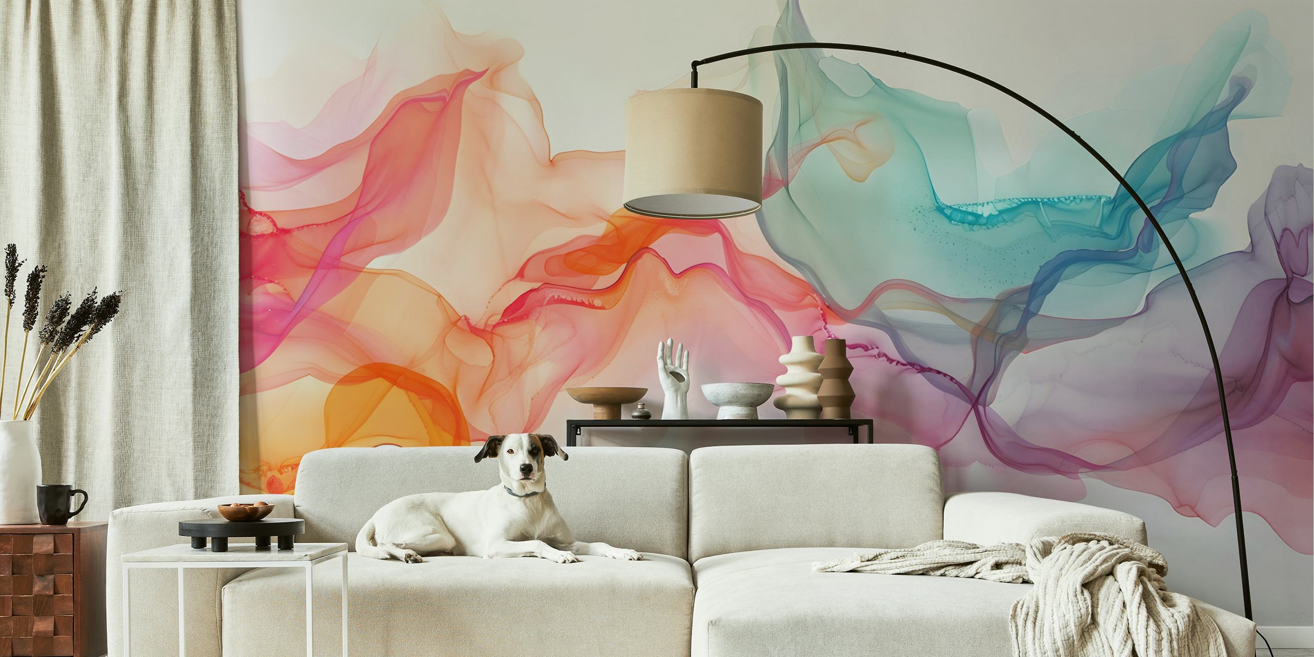 Abstrakt akvarell tapet som visar flödande färger av rosa, blått och orange på happywall.com