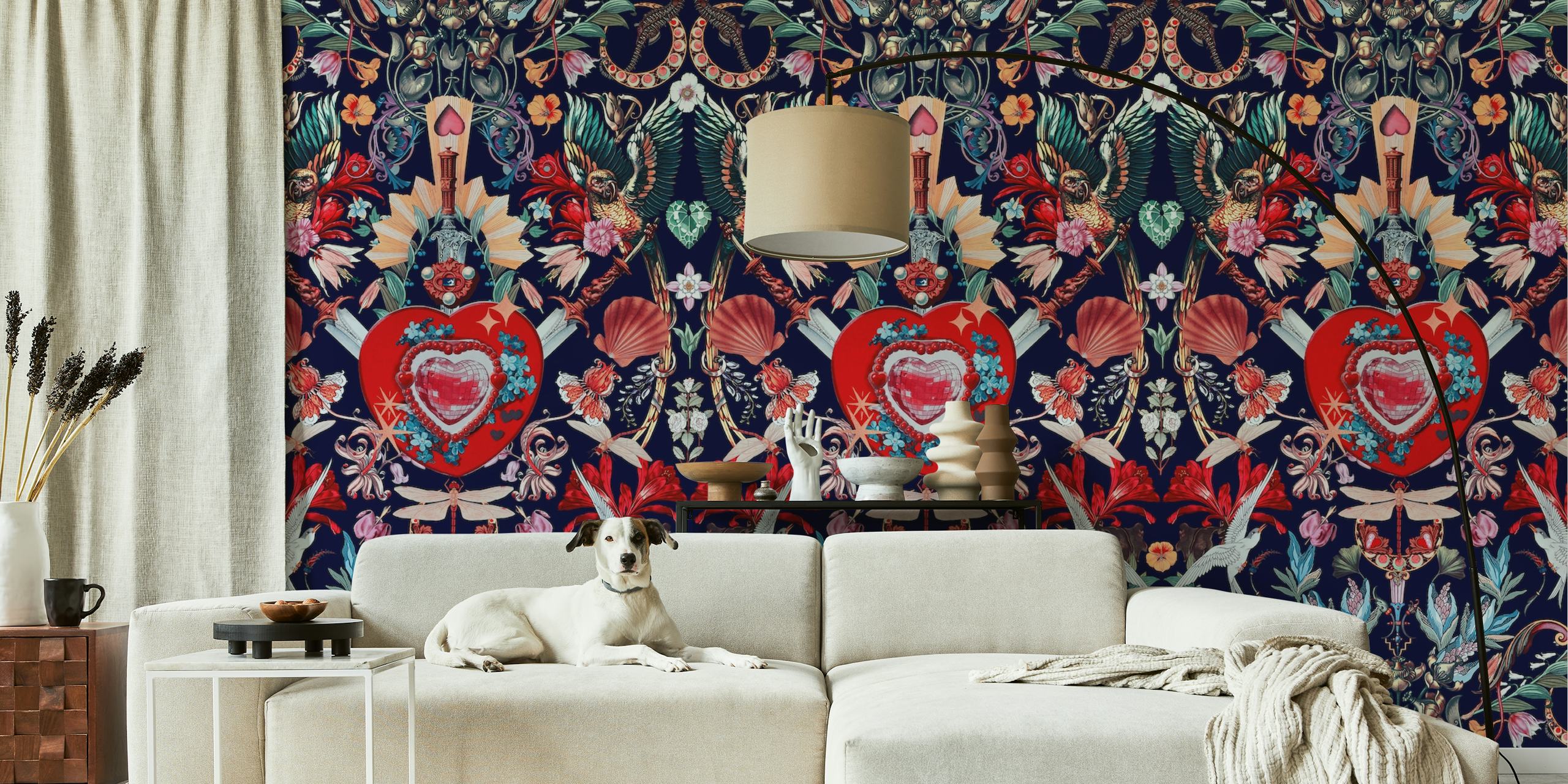 Floral heart pattern in vibrant colors on navy background wallpaper