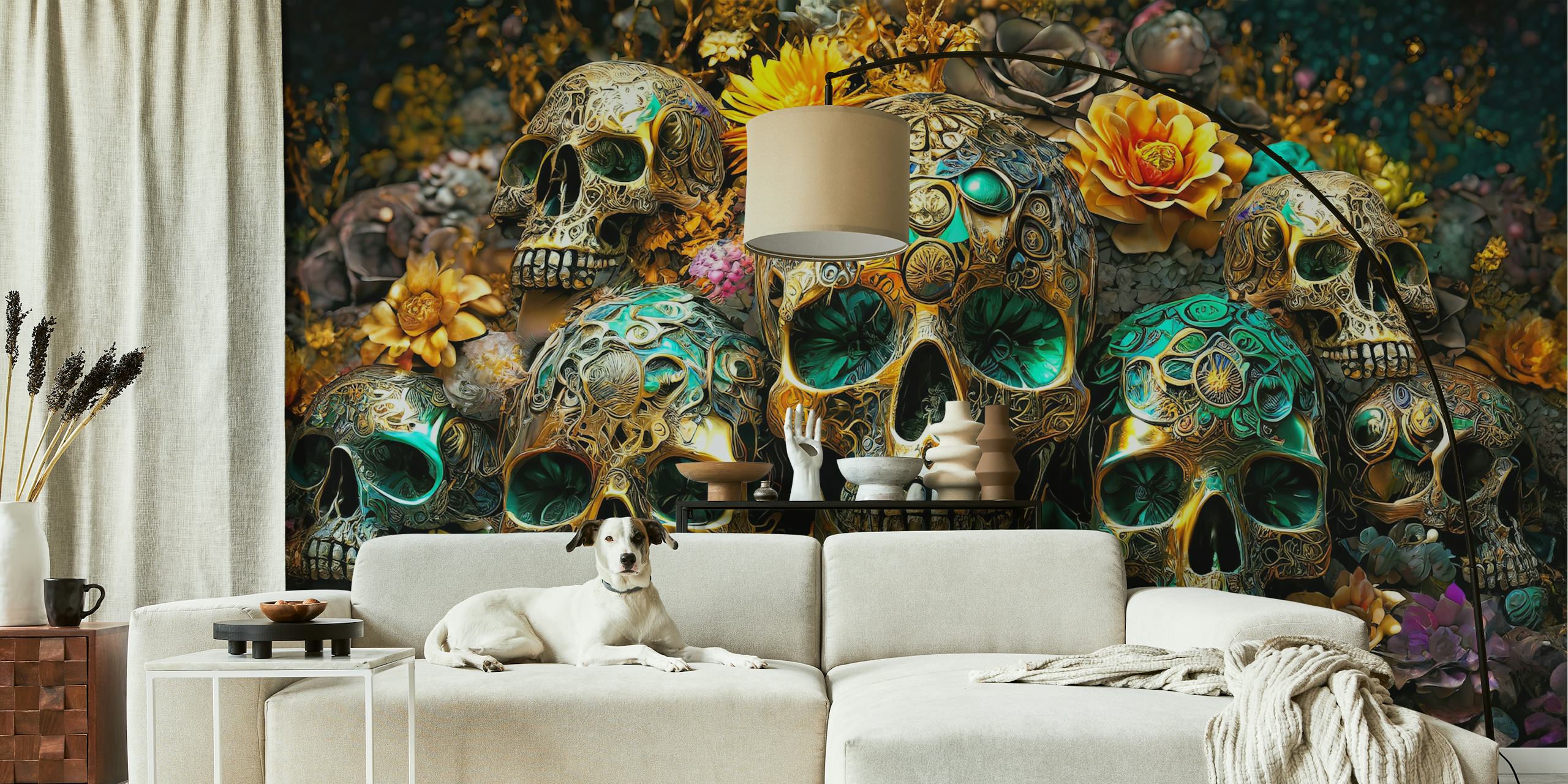 Día de Muertos wall mural featuring decorated skulls and marigolds