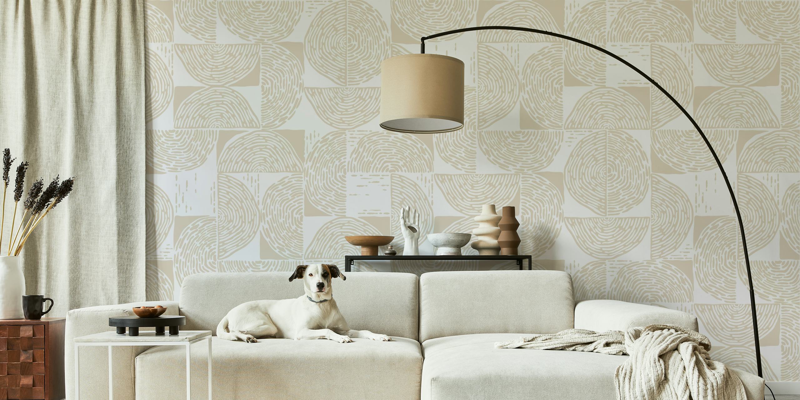 Papel pintado Cream white wood block print en una habitación