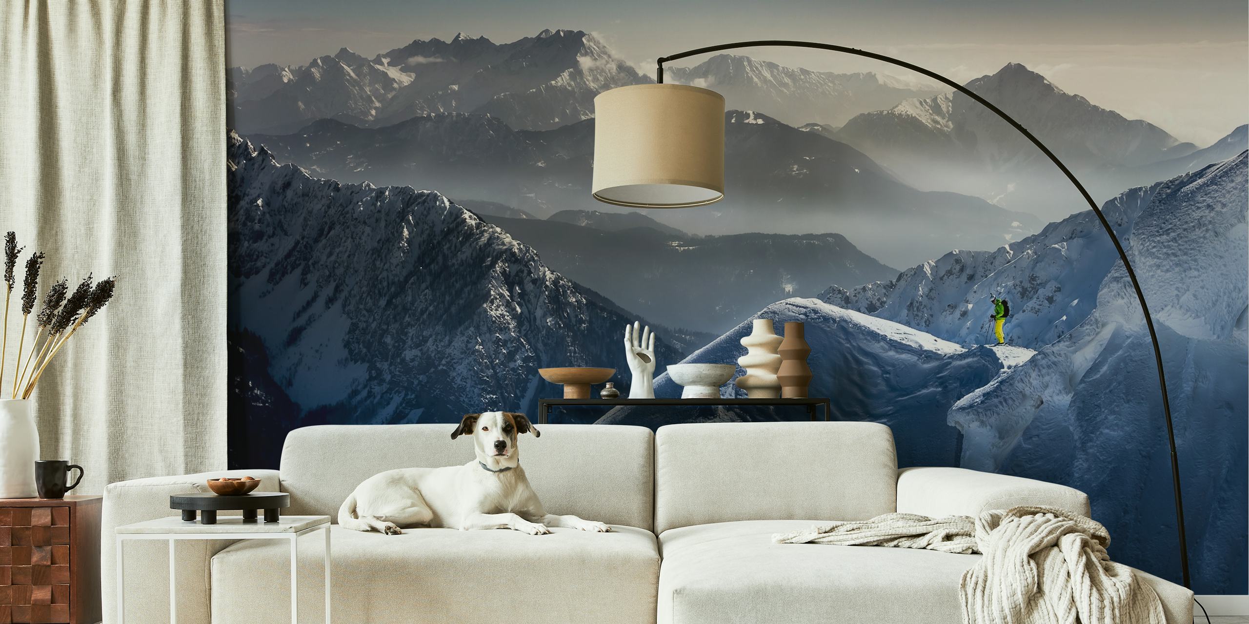 Skier on mountain peak wall mural Silence before Descent with misty mountain backdrop