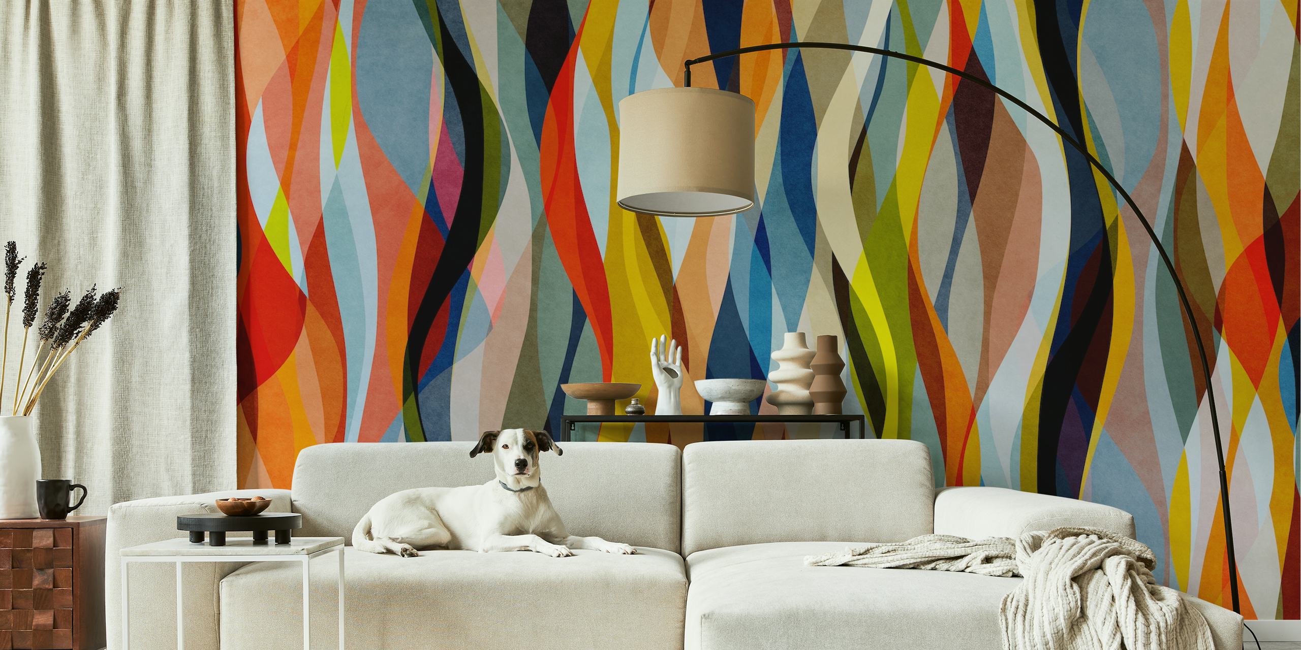 Sinuous and overlapping shapes wallpaper in a room