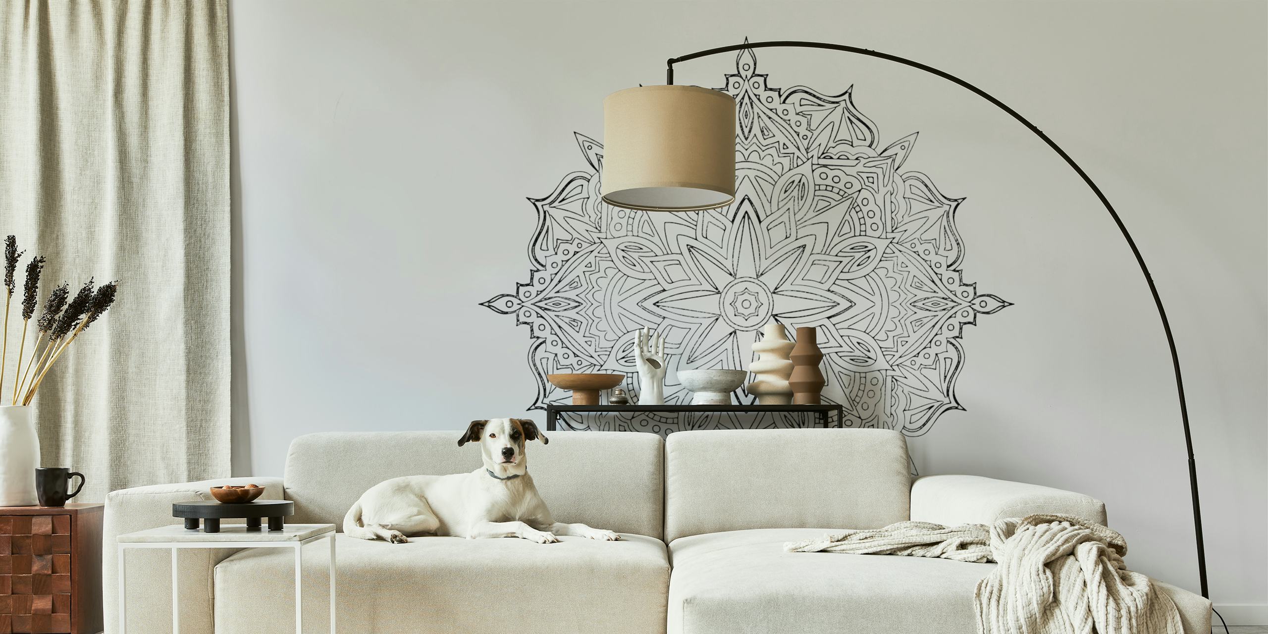 Mandala papel de parede preto e branco em um quarto