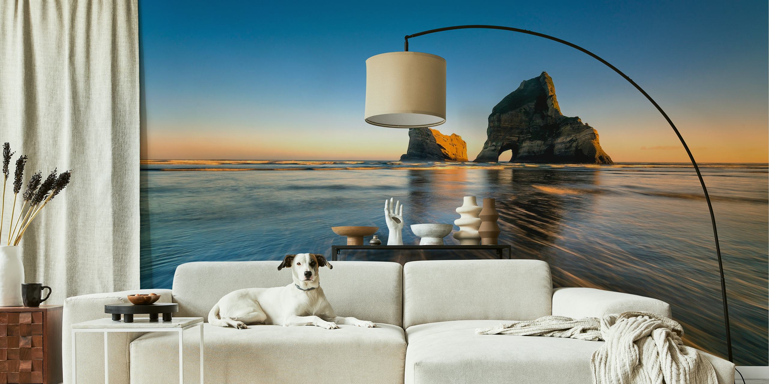 Wharaiki Beach Wandbild mit Sonnenuntergang und Felsformationen