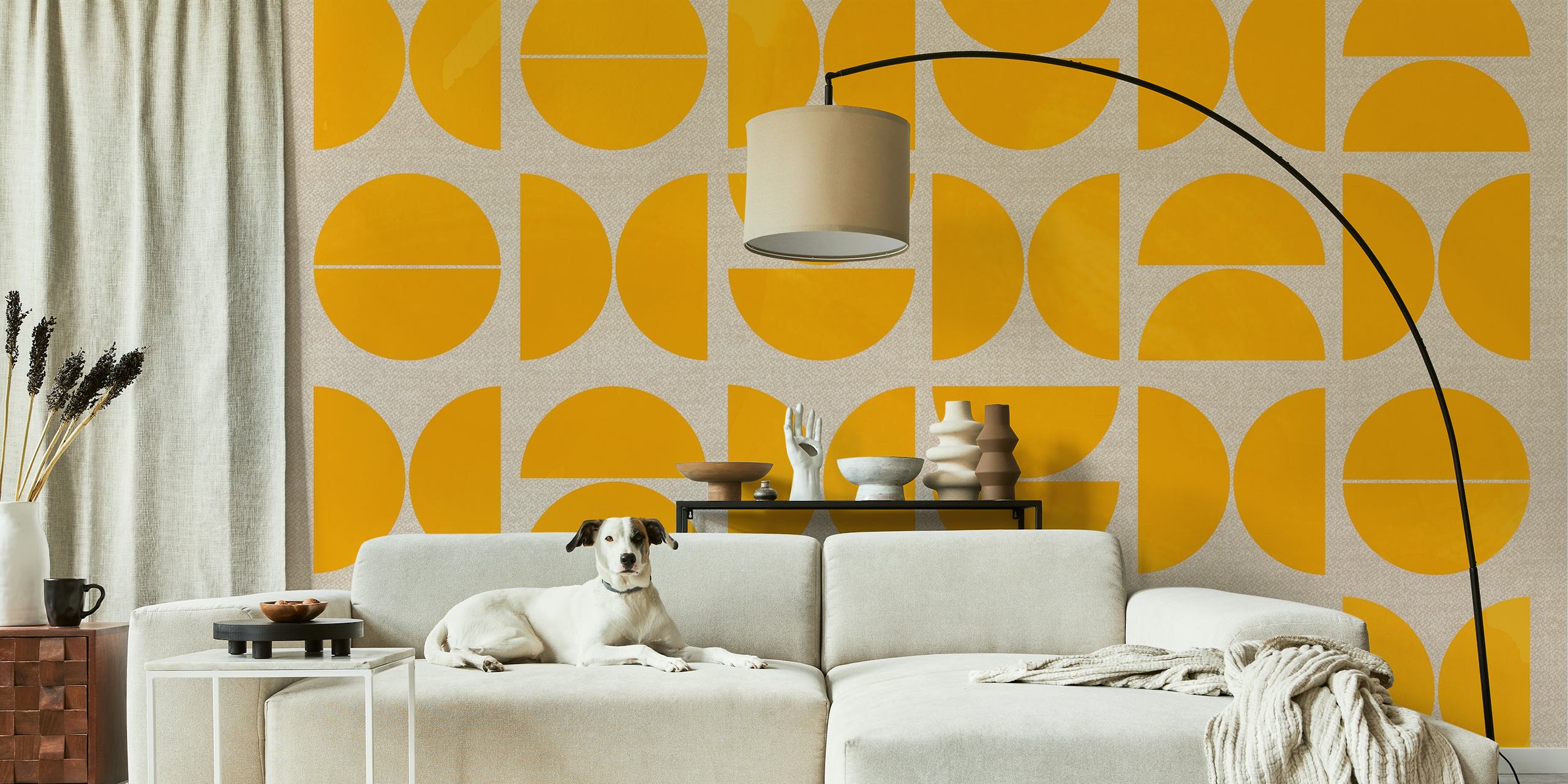 Geometric yellow shapes on a neutral background, bold design wallpaper