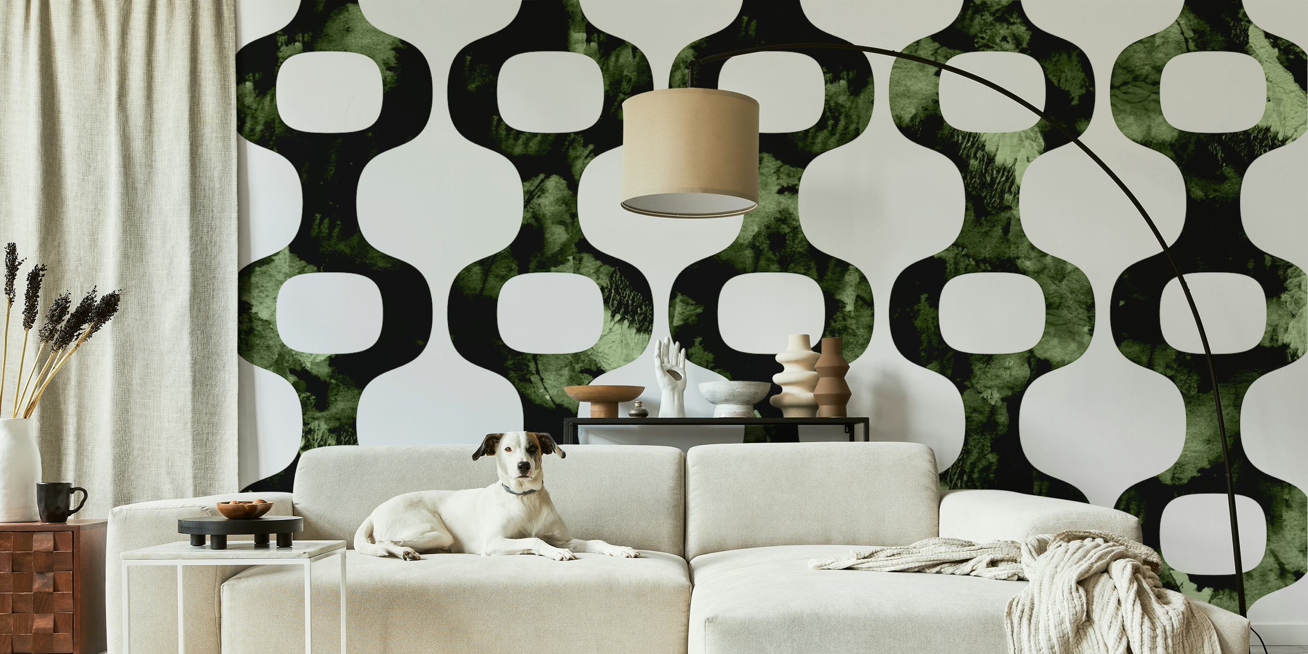 Retro-style wall mural with 70s geometric patterns and vibrant green hues.