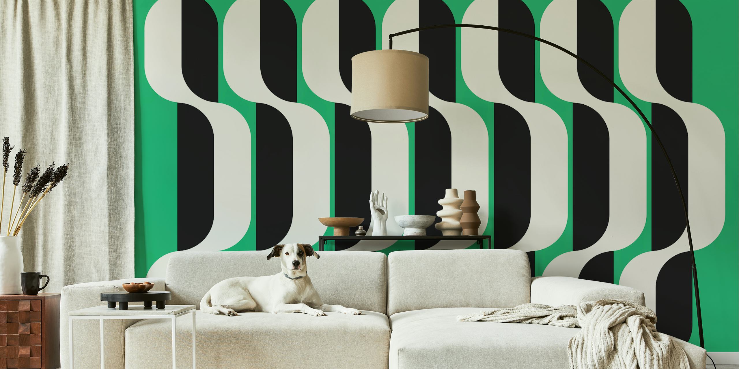 Monochromatic wave patterned wall mural with vintage aesthetics