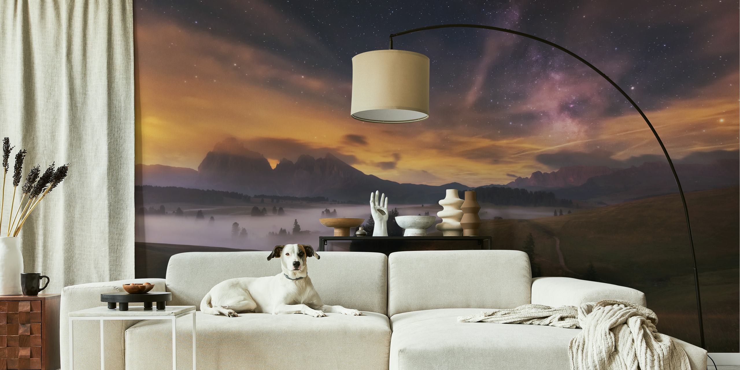 Alpe di Siusi at night wall mural featuring starry sky and mountain landscape
